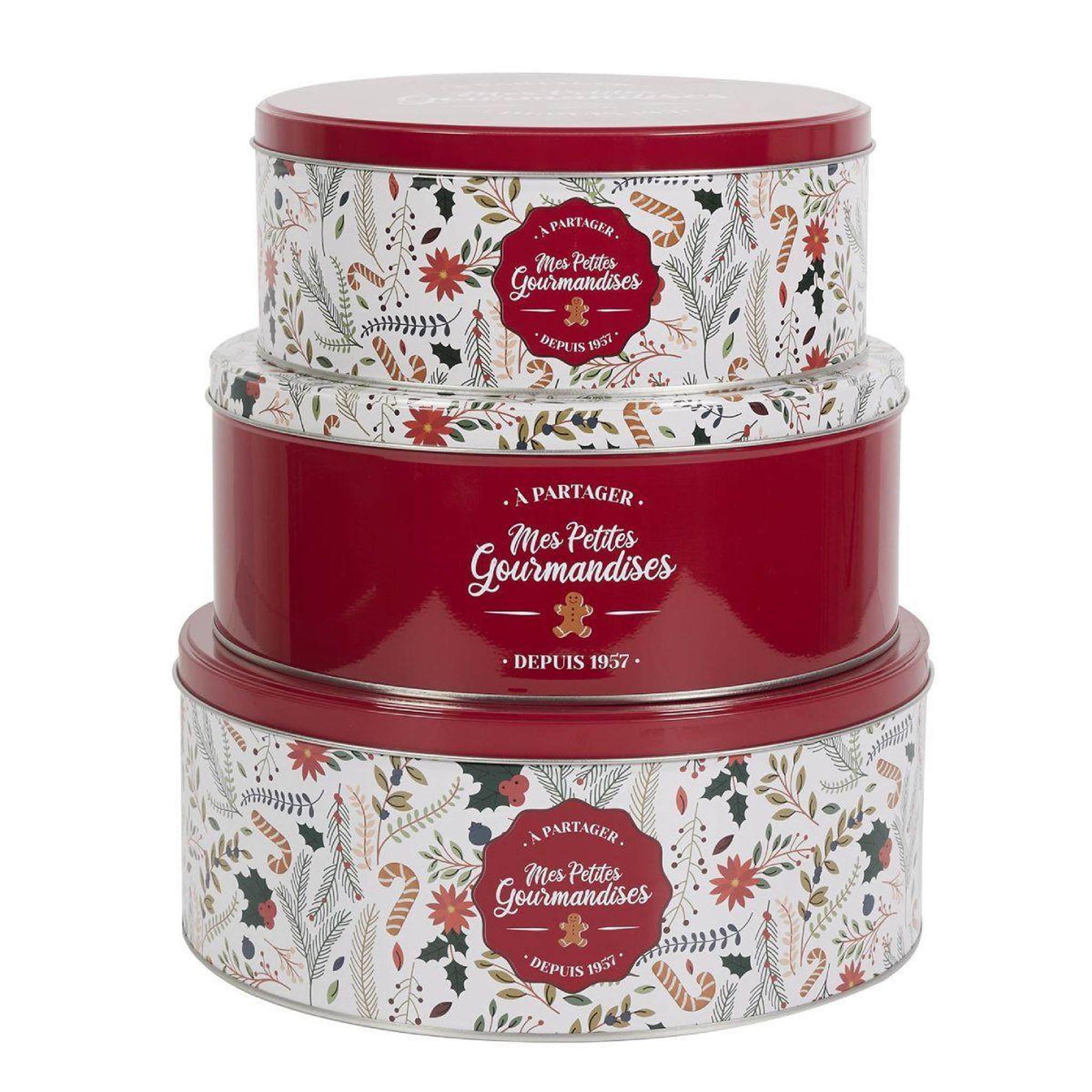 The Home Deco Factory Lot de 3 boîtes en métal  mes petites gourmandises  25cm rouge