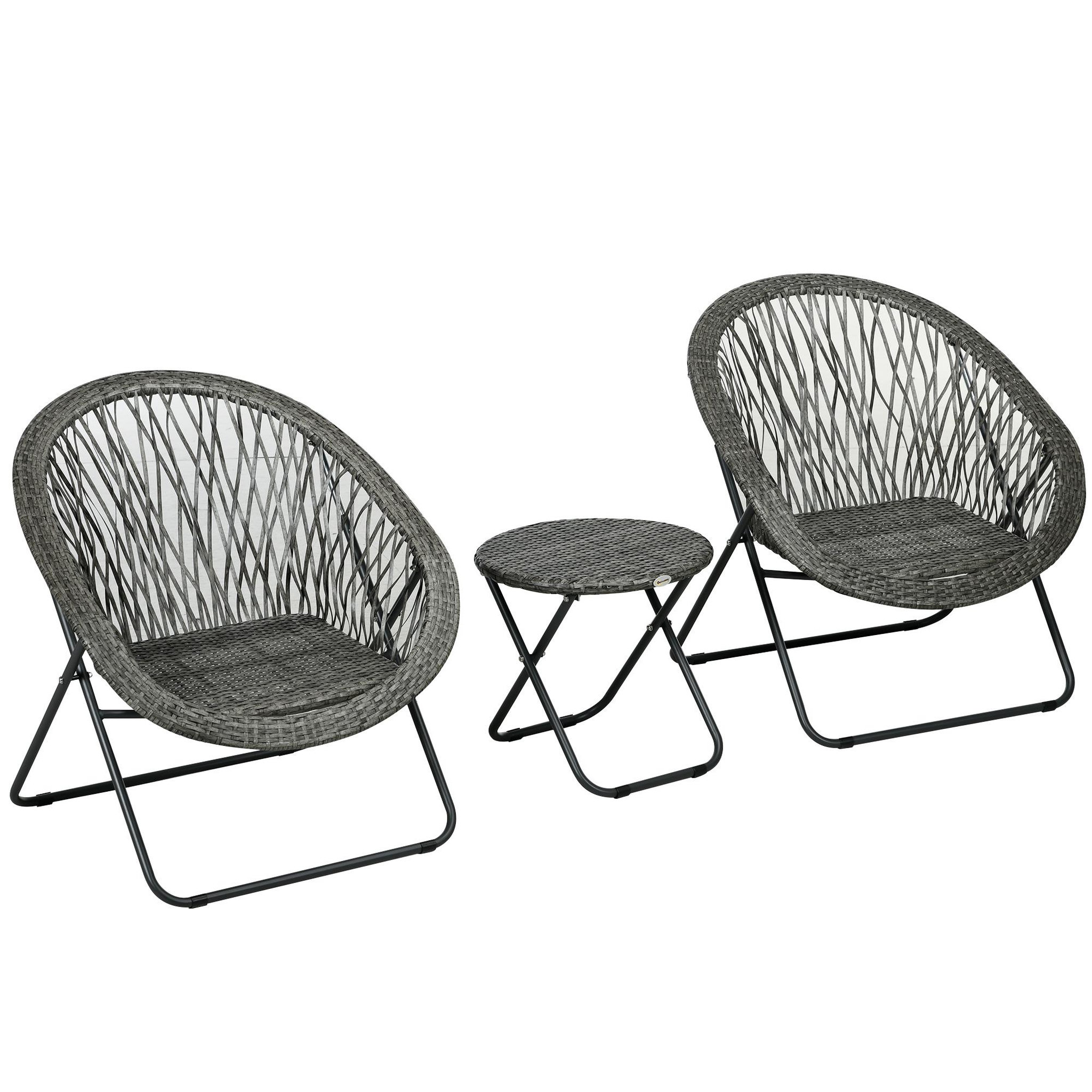 OUTSUNNY Ensemble bistro de jardin style acapulco 3 pcs pliables - 2 fauteuils, table basse - acier résine tressée gris
