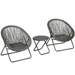 OUTSUNNY Ensemble bistro de jardin style Acapulco 3 pcs pliables - 2 fauteuils, table basse - acier résine tressée gris