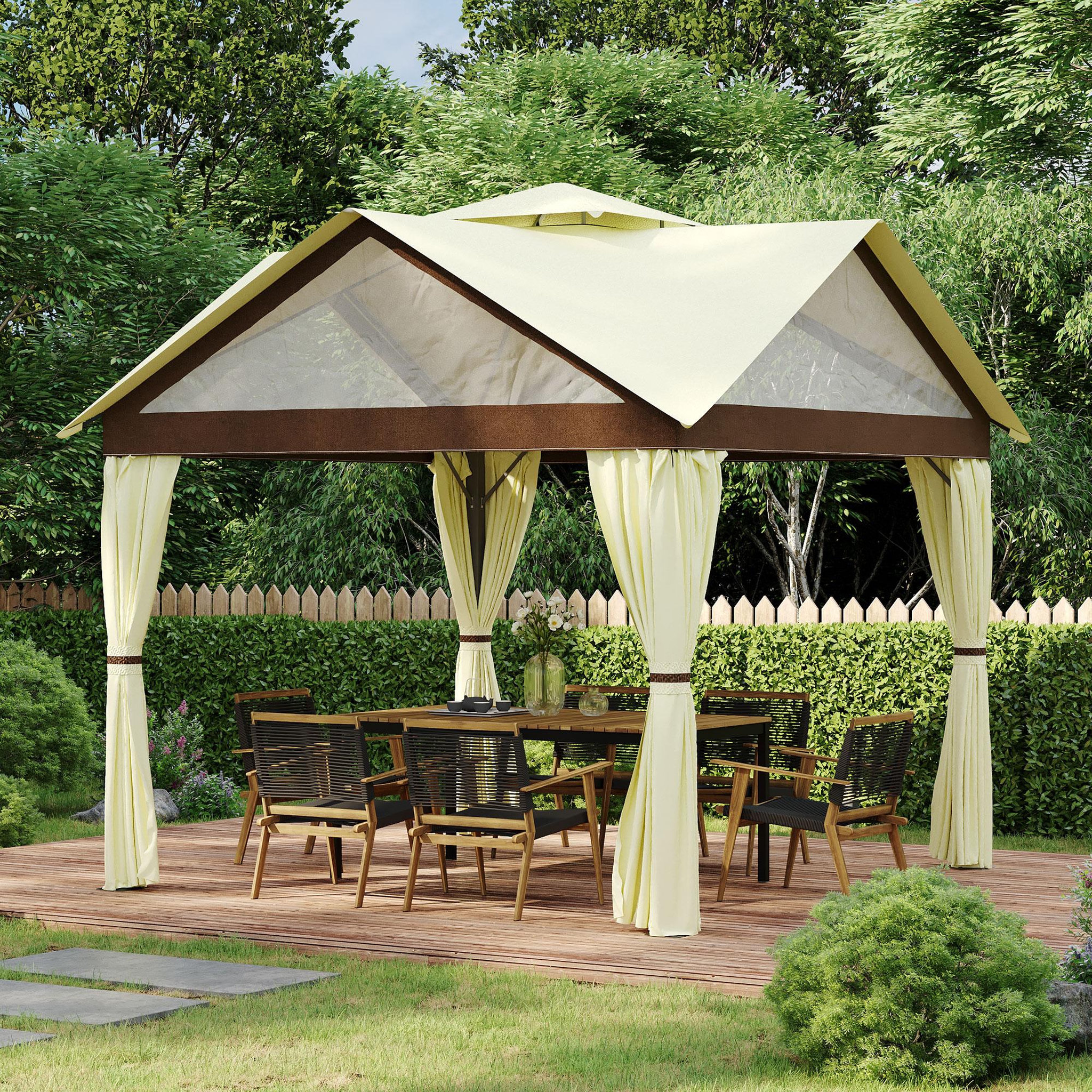 Voir la diapositive 2 : OUTSUNNY Pavillon de jardin style colonial - barnum double toit, 4 fenêtres, rideaux - dim. 3,5L x 3,5l x 3,33H m - métal noir polyester marron beige