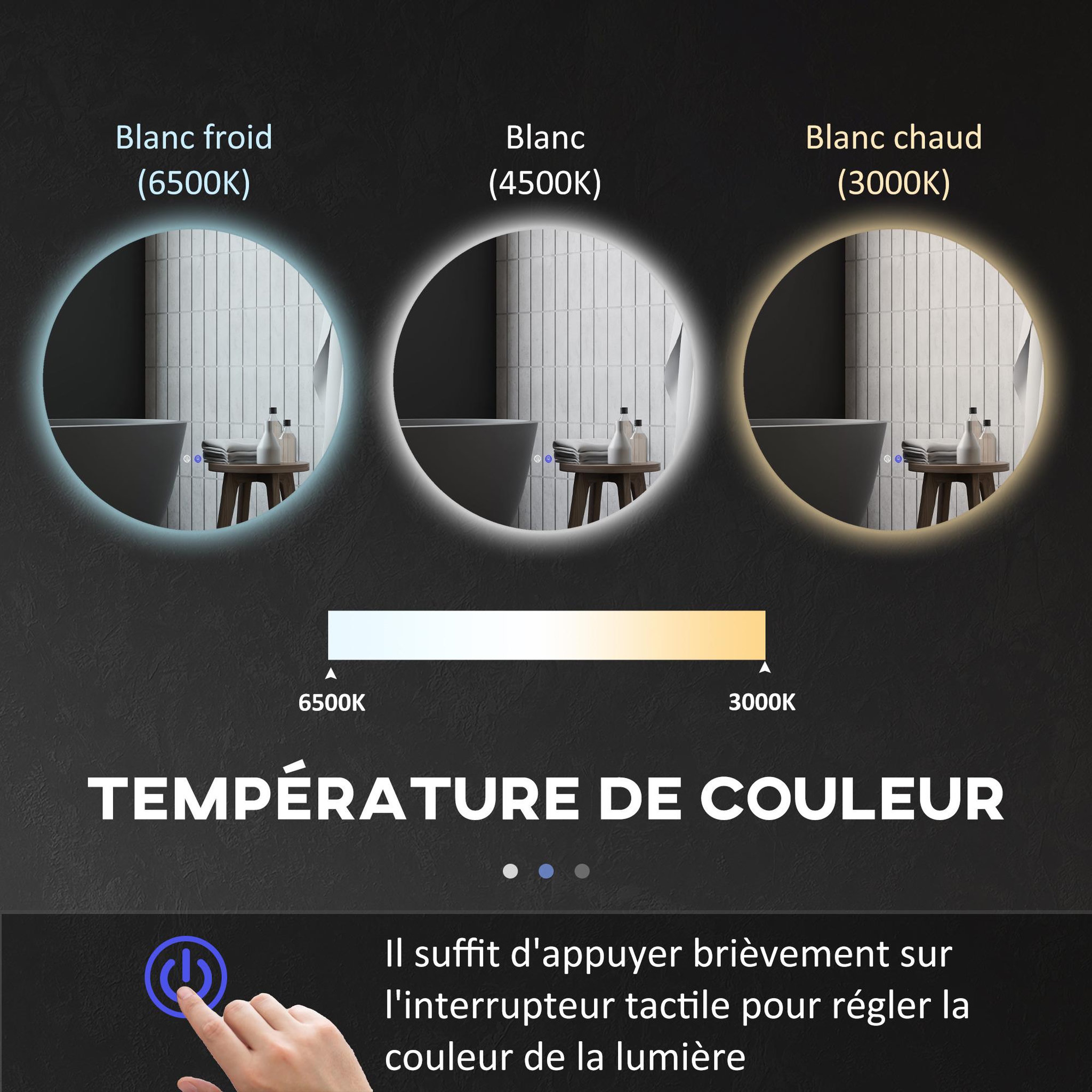Voir la diapositive 6 : KLEANKIN Miroir rond lumineux led de salle de bain 70 cm avec éclairage interrupteur tactile système antibuée miroir mural led à luminosité réglable 35 w gris