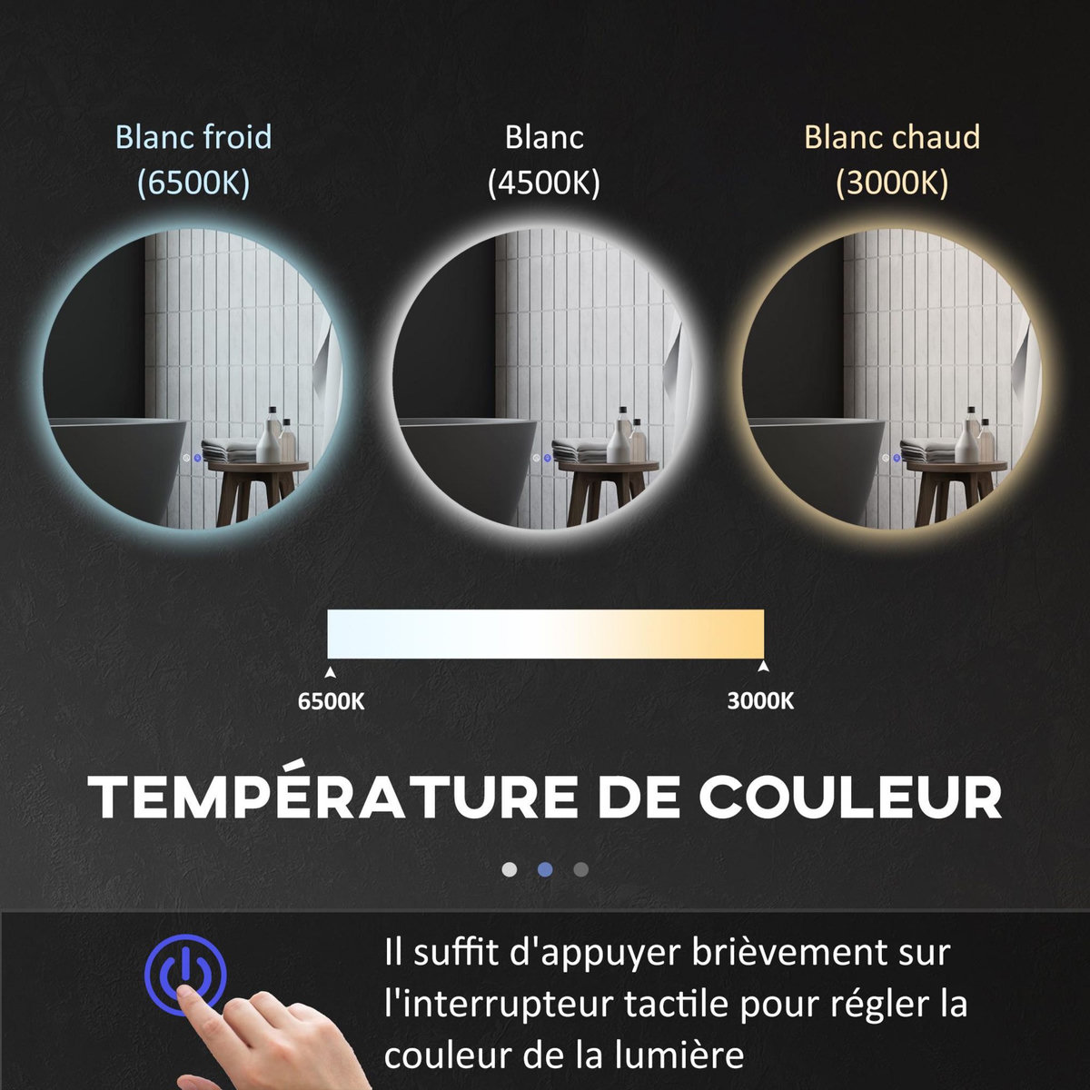 KLEANKIN Miroir rond lumineux LED de salle de bain 70 cm avec éclairage interrupteur tactile système antibuée miroir mural LED à luminosité réglable 35 W gris