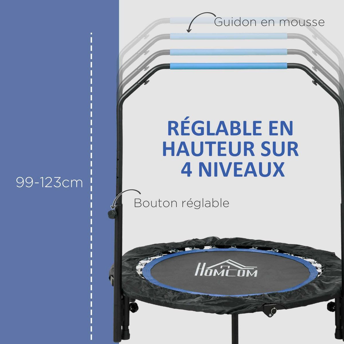 HOMCOM Trampoline de fitness gym pliable - poignée réglable, 28 ressorts - Ø 102 cm - noir bleu