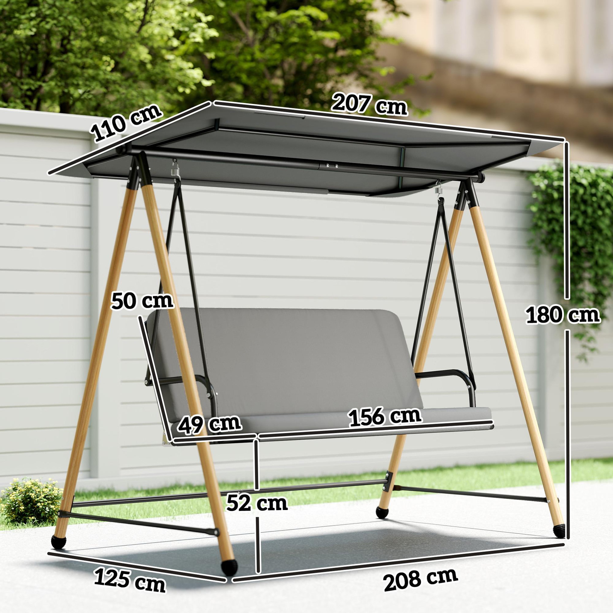 Voir la diapositive 3 : OUTSUNNY Balancelle de jardin 3 places design structure acier effet bois auvent réglable gris