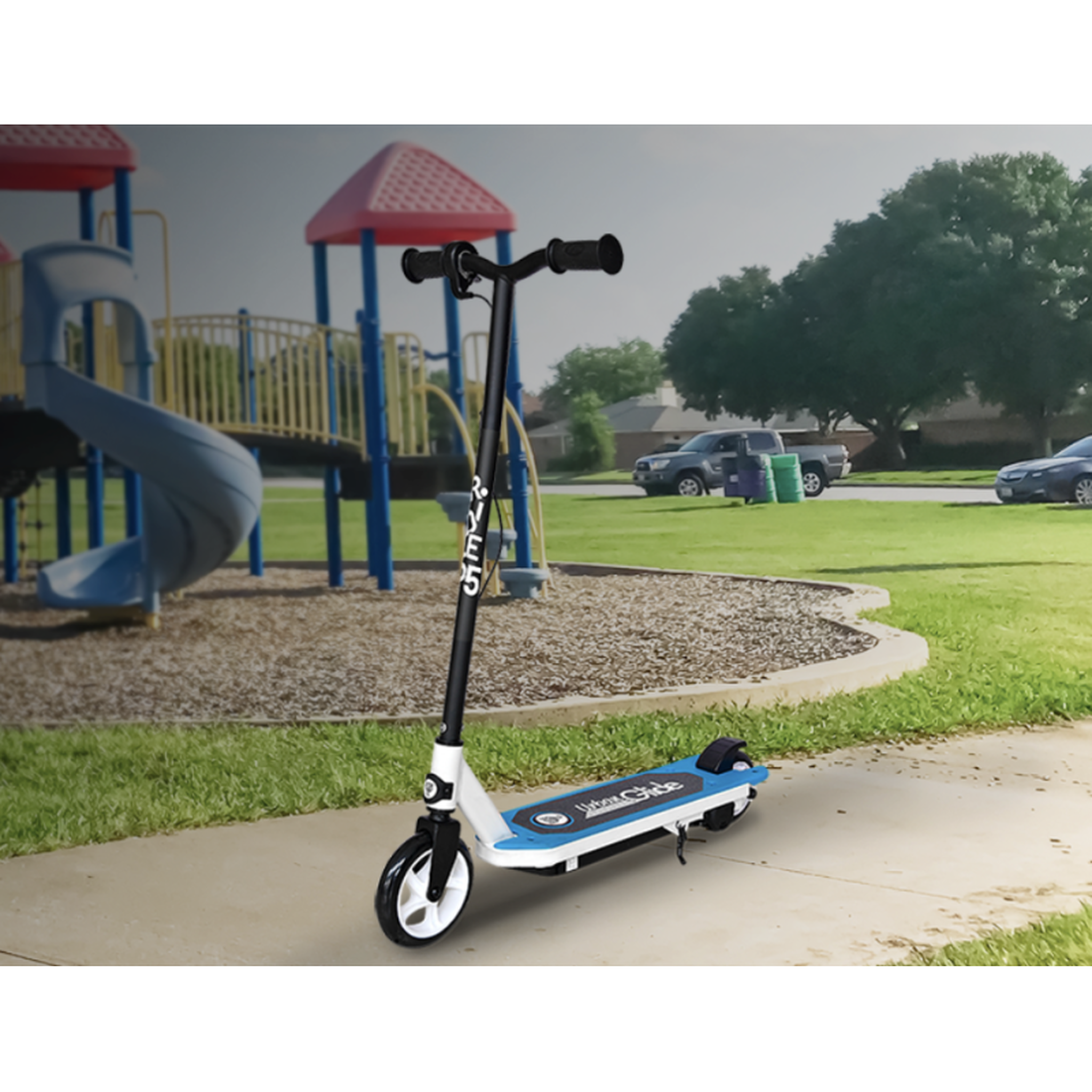 Voir la diapositive 3 : URBANGLIDE Trottinette électrique enfant ride flash 55 bleu – moteur 30w - 10 km/h - autonomie jusqu'a 40 min - 3-8 ans