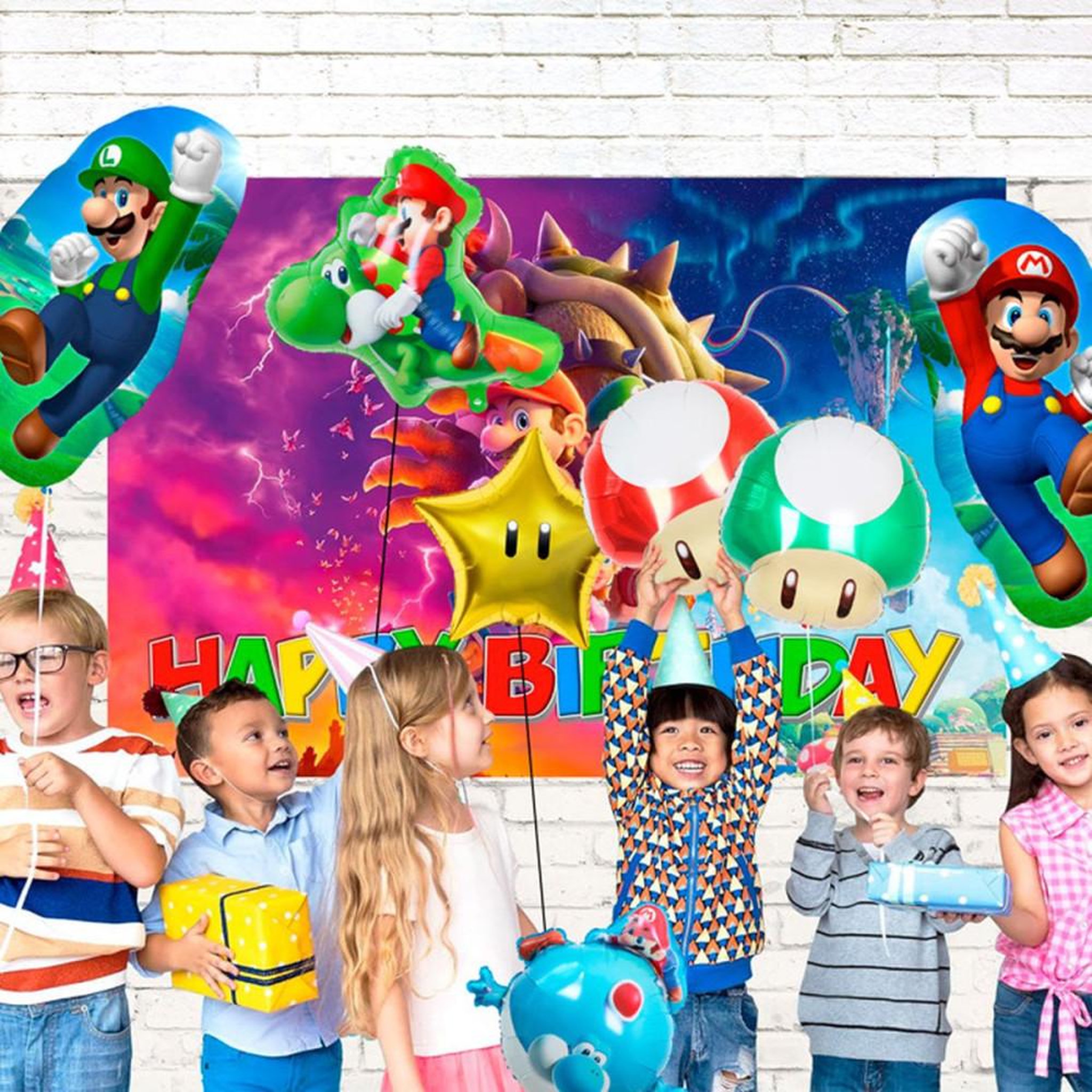 Voir la diapositive 3 : Set de 8 ballons déco anniversaire thème Super Mario pour hélium, ballons aluminium multicolores (personnages, champignons, étoiles)