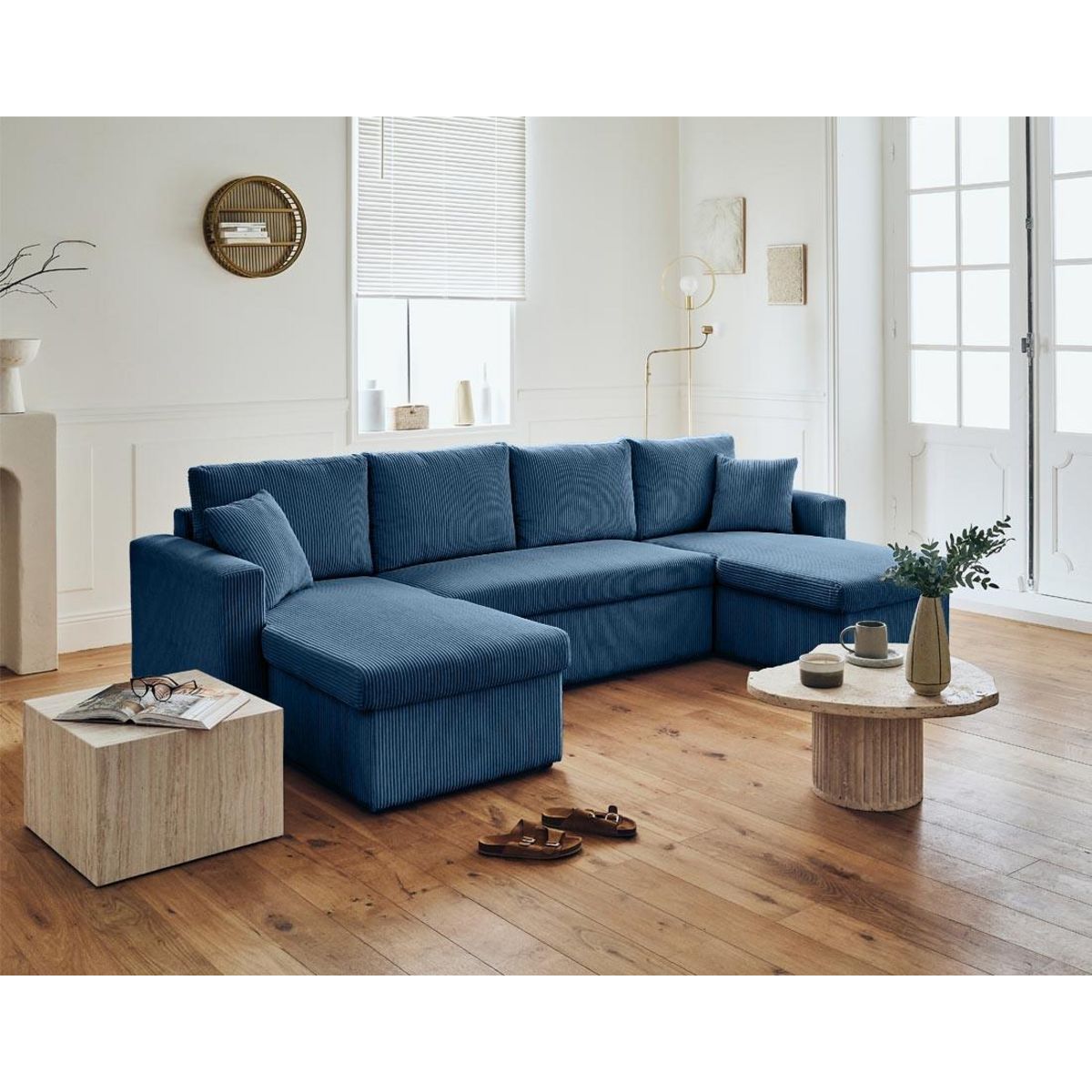 BEST MOBILIER Cyrus - canapé panoramique en u - 7 places - convertible avec coffre - en velours côtelé