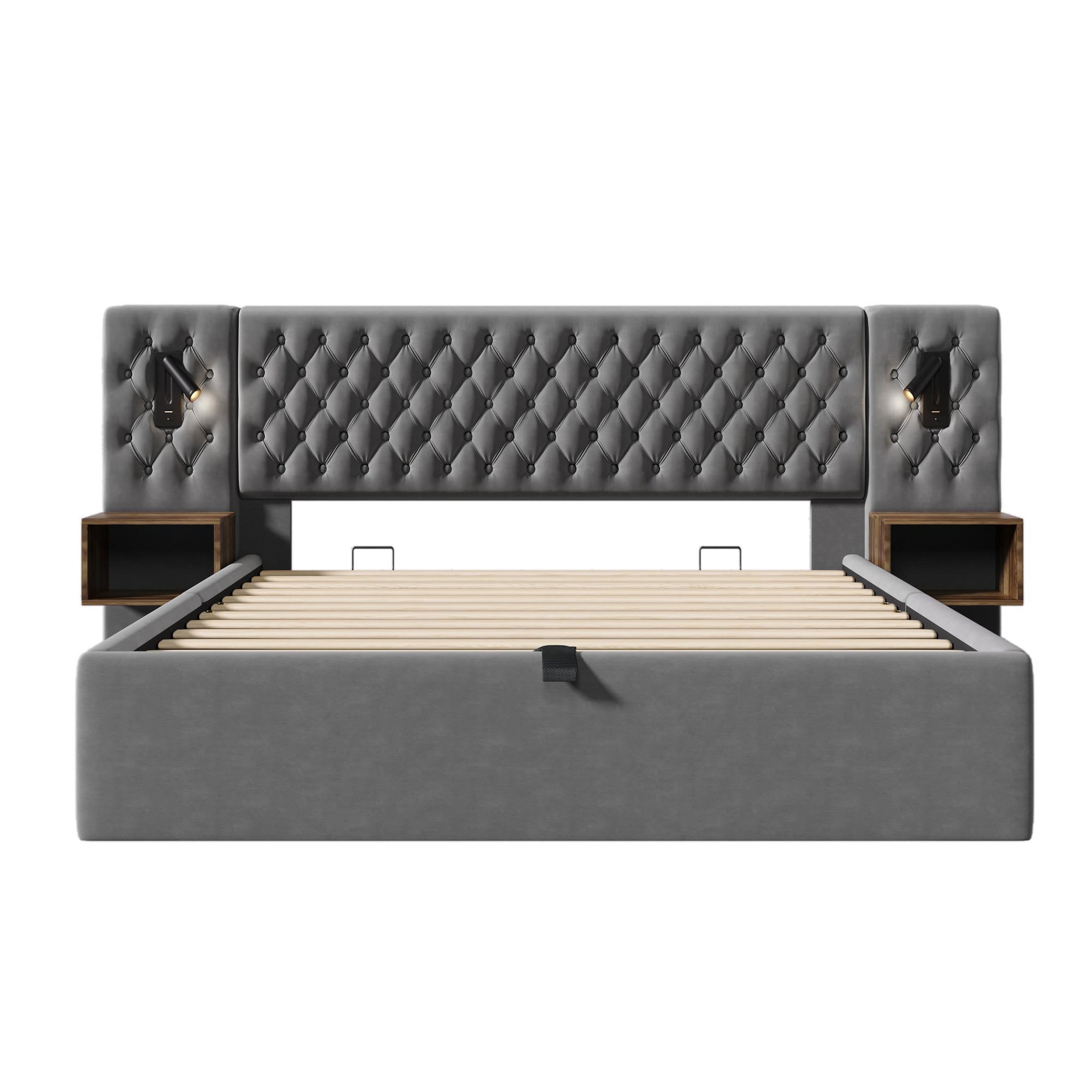 Voir la diapositive 5 : MERAX Lit coffre velours avec 2 chevets, liseuses led usb et tête de lit