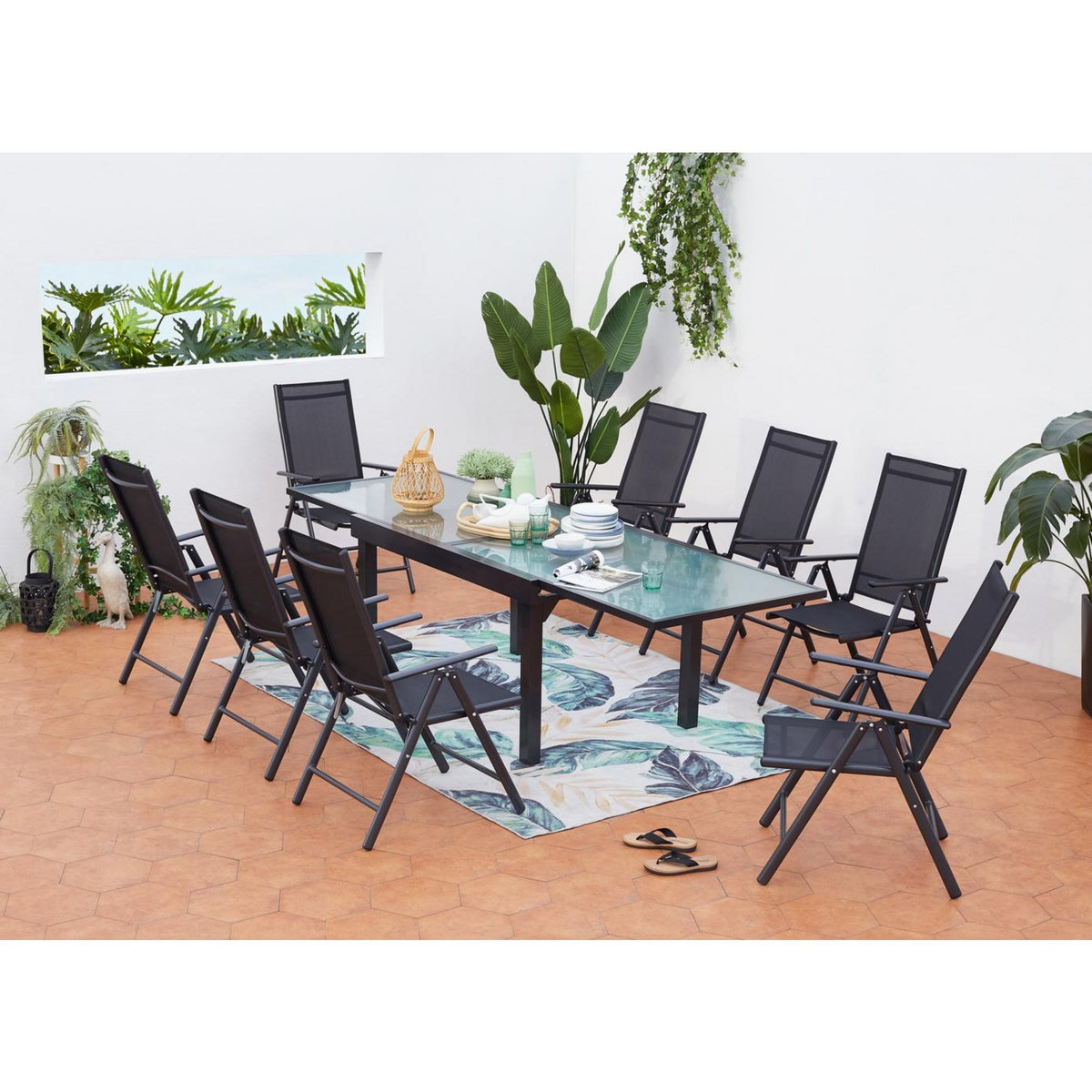 CONCEPT USINE Table de jardin extensible et 8 fauteuils en alu et toile PVC BRESCIA