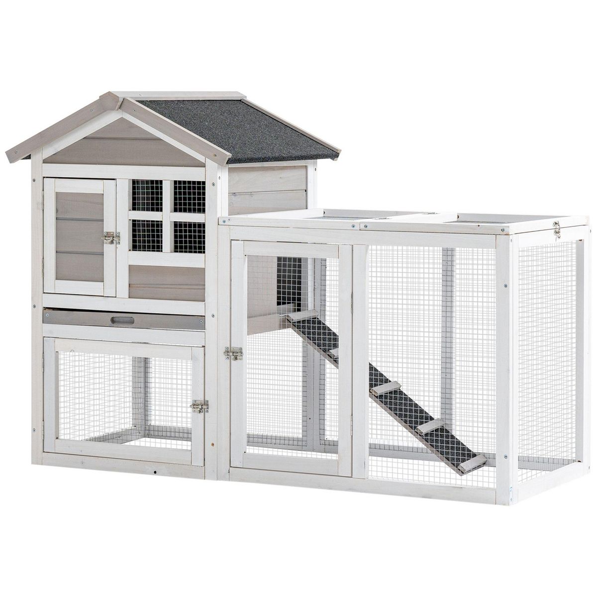 PAWHUT Clapier cage à lapins cottage - niche supérieure avec rampe et enclos extérieur - plateau excrément, toit bitumé, 4 portes verrouillables - bois sapin blanc gris