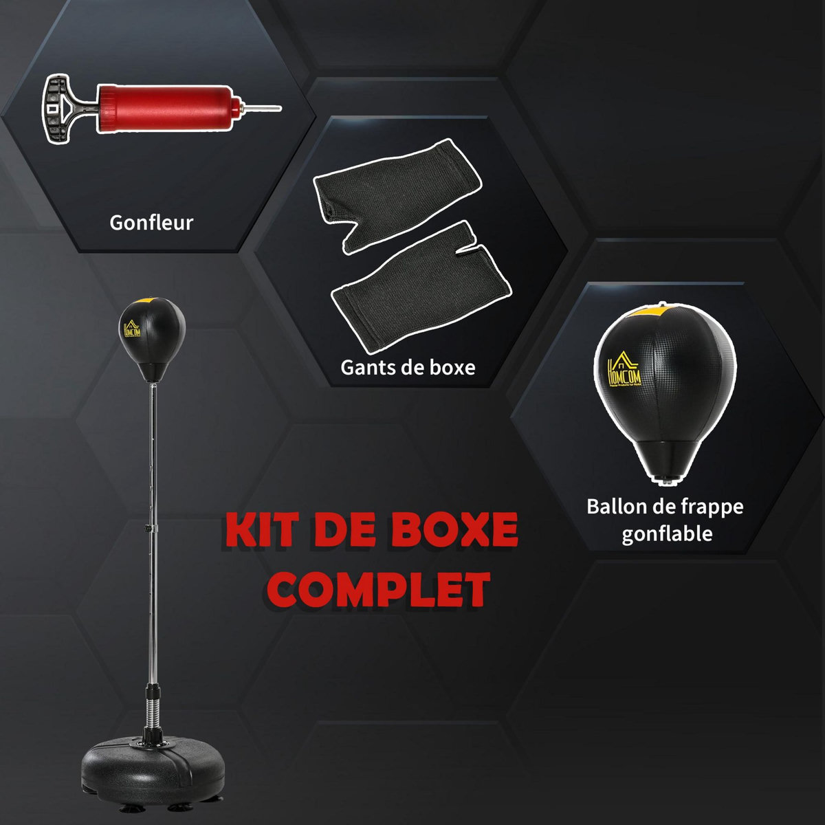 HOMCOM Punching ball sur pied hauteur réglable H.133 -151cm - ressort central, socle ventouses - accessoires - jaune noir