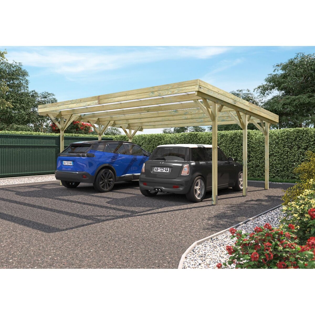 Forest Style Carport adossé toit plat - Bois traité autoclave - 2 voitures - 30,9m² - JEAN