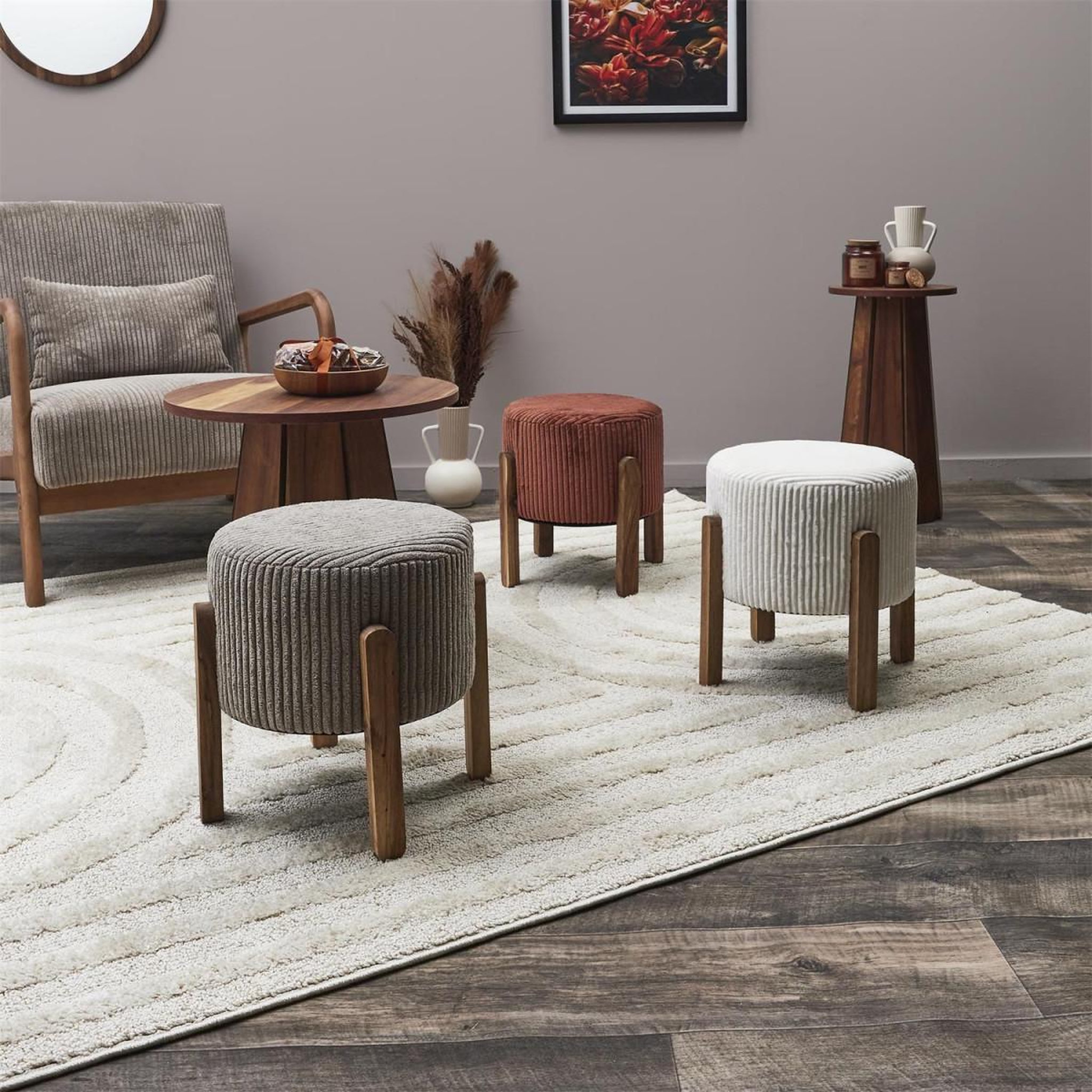 Voir la diapositive 5 : The Home Deco Factory Tabouret côtelé rond  scott  35cm beige