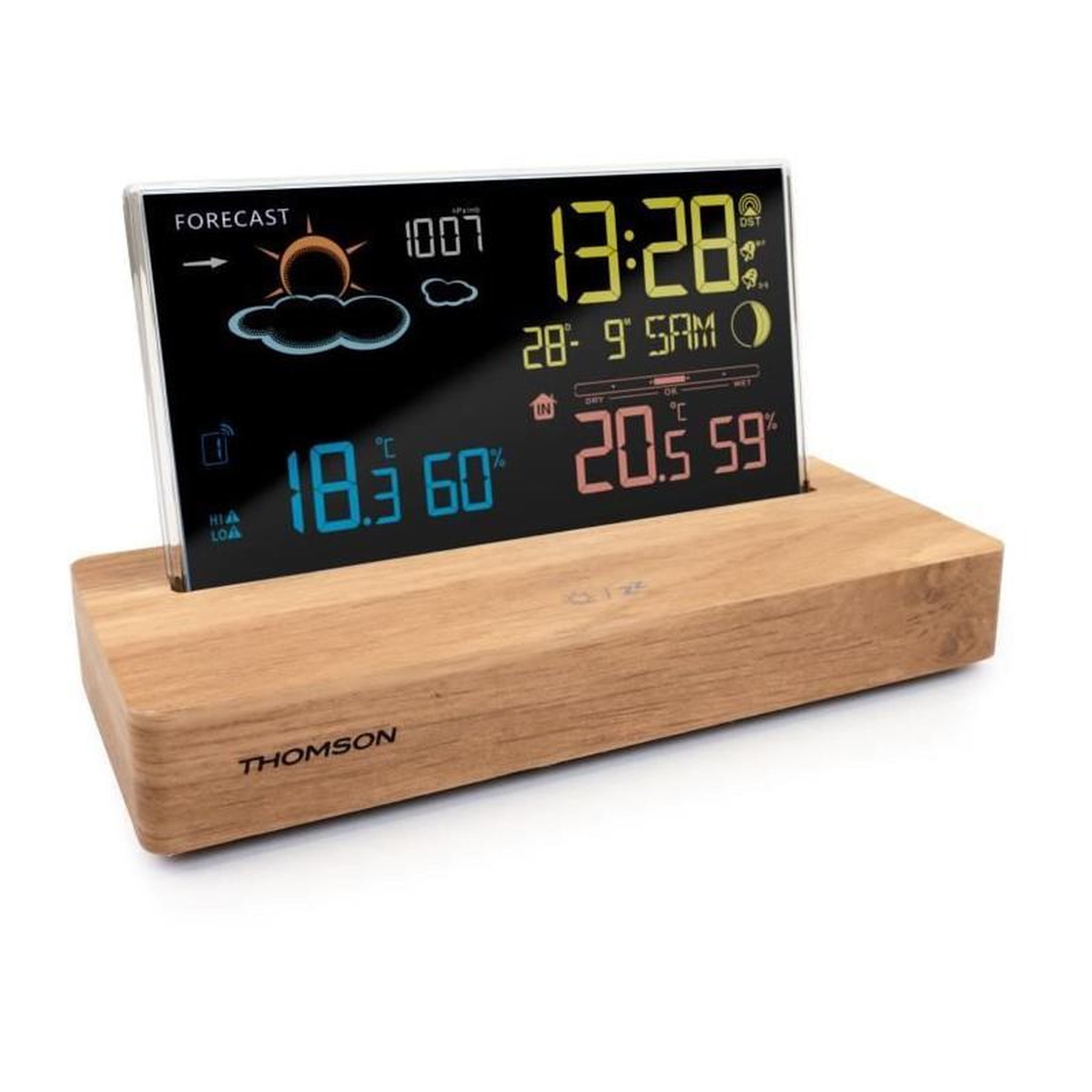 Voir la diapositive 2 : THOMSON Station météo thomson ct610 alarme double avec snooze, affichage 12/24h, température intérieure, hygrométrie, prévisions et phases de la lune, écran rétroéclairé 4 niveaux, bois foncé, sonde sans fil