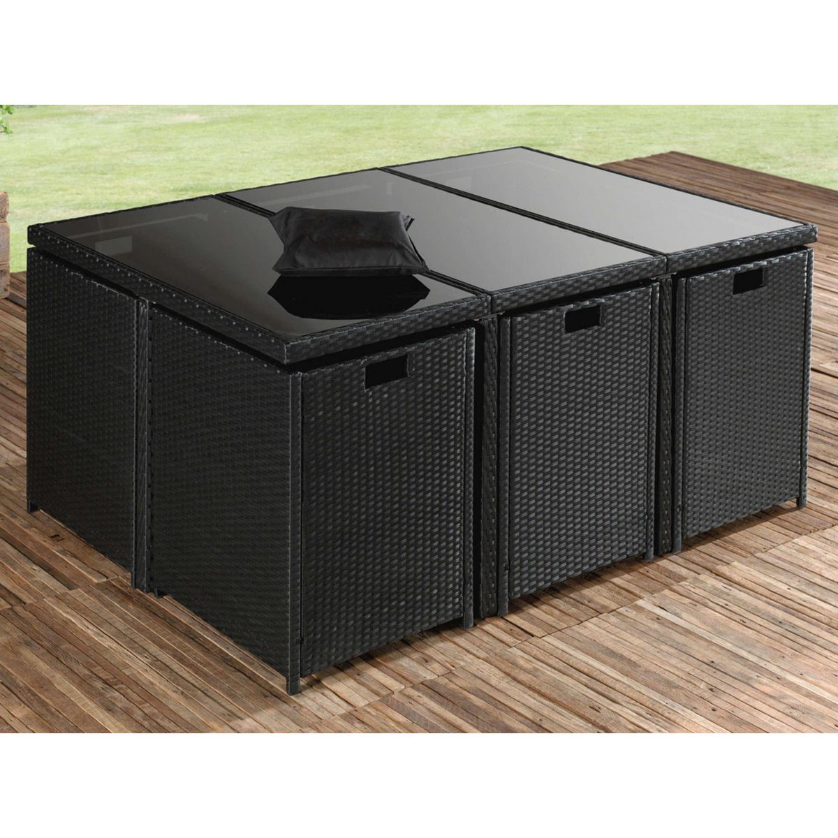 BEST MOBILIER Fira - salon de jardin encastrable 10 places - en résine tressée - noir avec coussins beiges + housse de protection