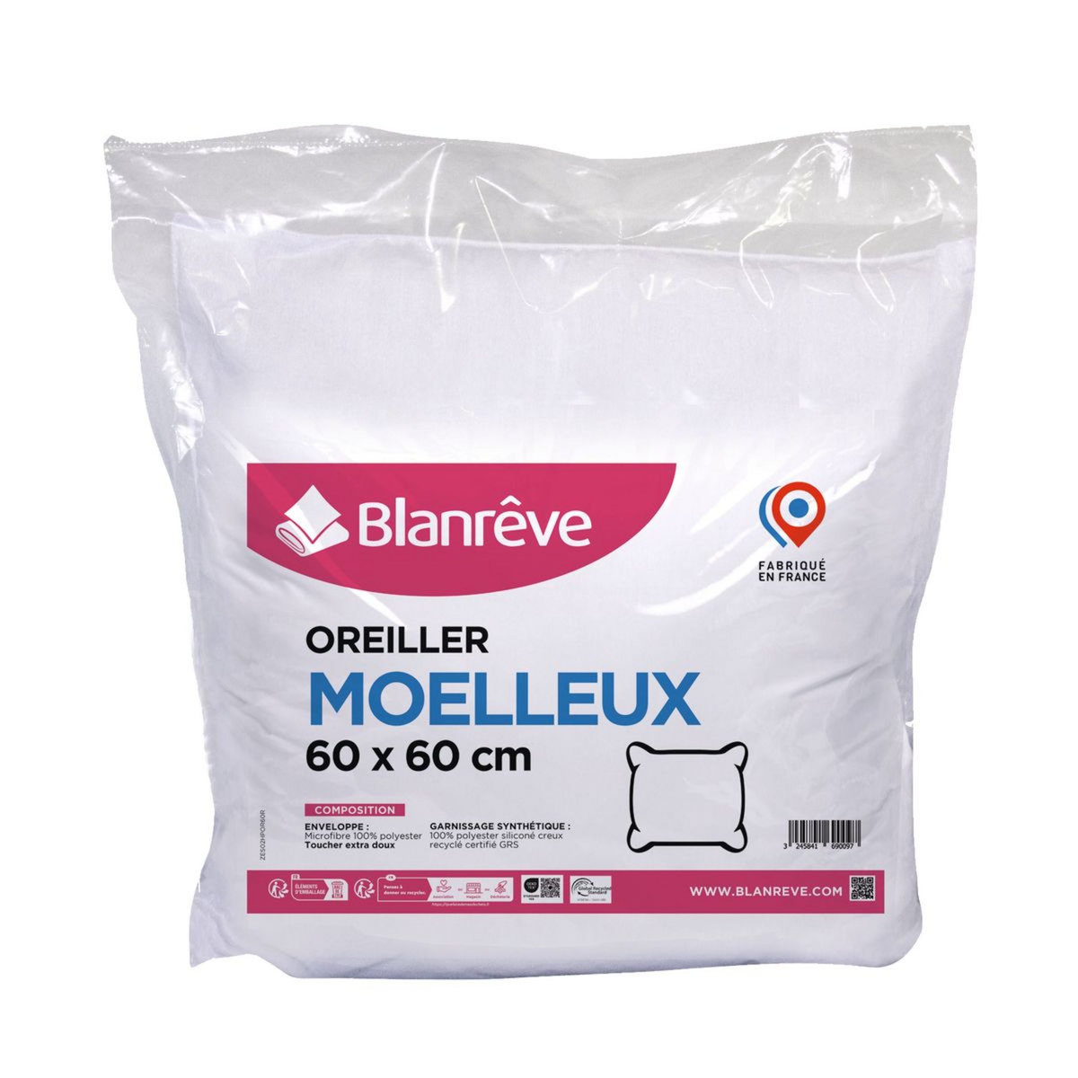 BLANREVE Oreiller confort ferme en microfibre toucher extra doux 500g/m²