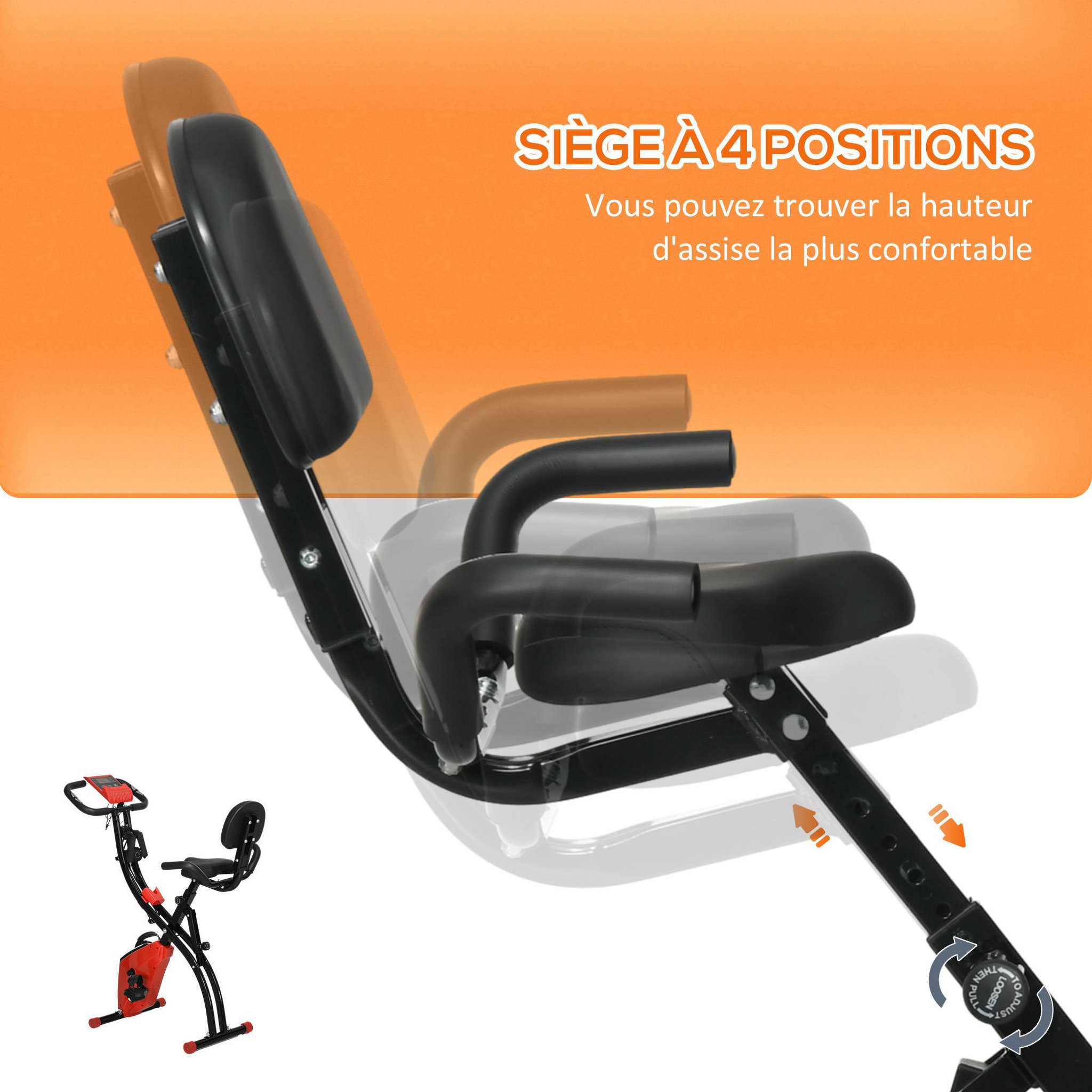 Voir la diapositive 5 : HOMCOM Vélo d'appartement pliant 8 niveaux de résistance magnétique dossier selle réglable poignées ergonomiques écran LCD multifonction suspensions support tablette acier