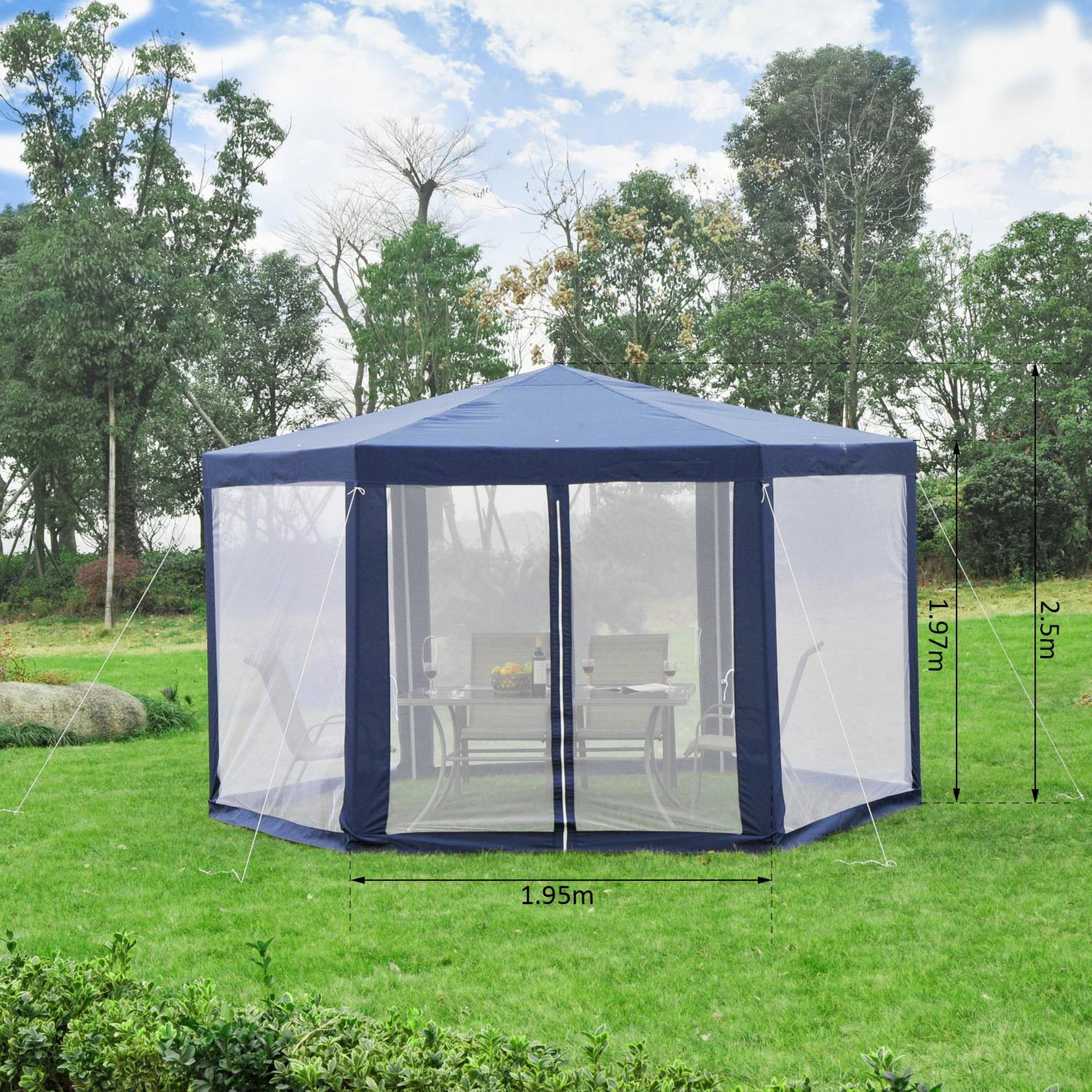 Voir la diapositive 3 : OUTSUNNY Tonnelle barnum tente de réception hexagonale 10 m² style cosy métal polyester imperméabilisé bleu blanc