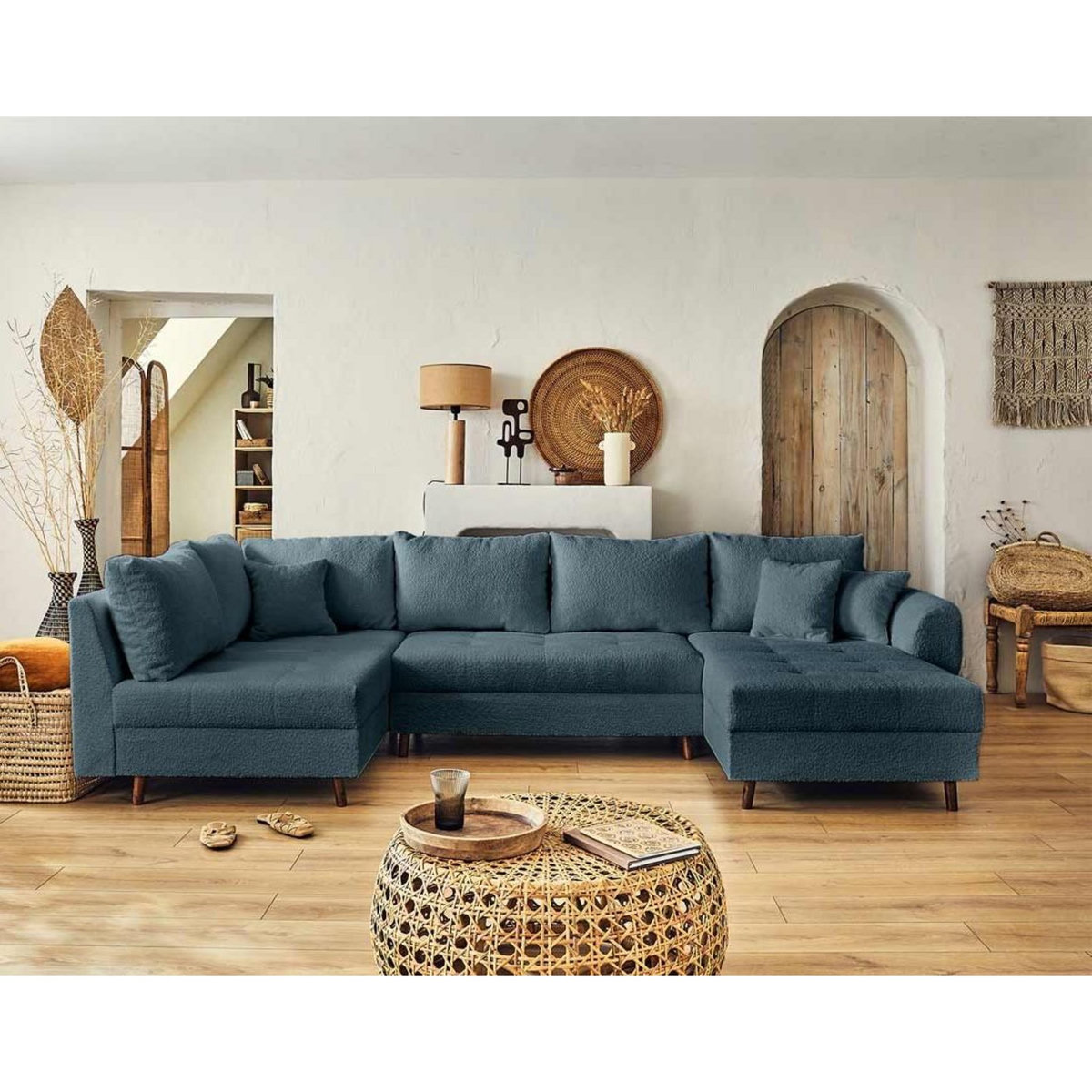 LISA DESIGN Rune - canapé panoramique d'angle gauche - 7 places - avec pouf d'appoint - en tissu bouclette