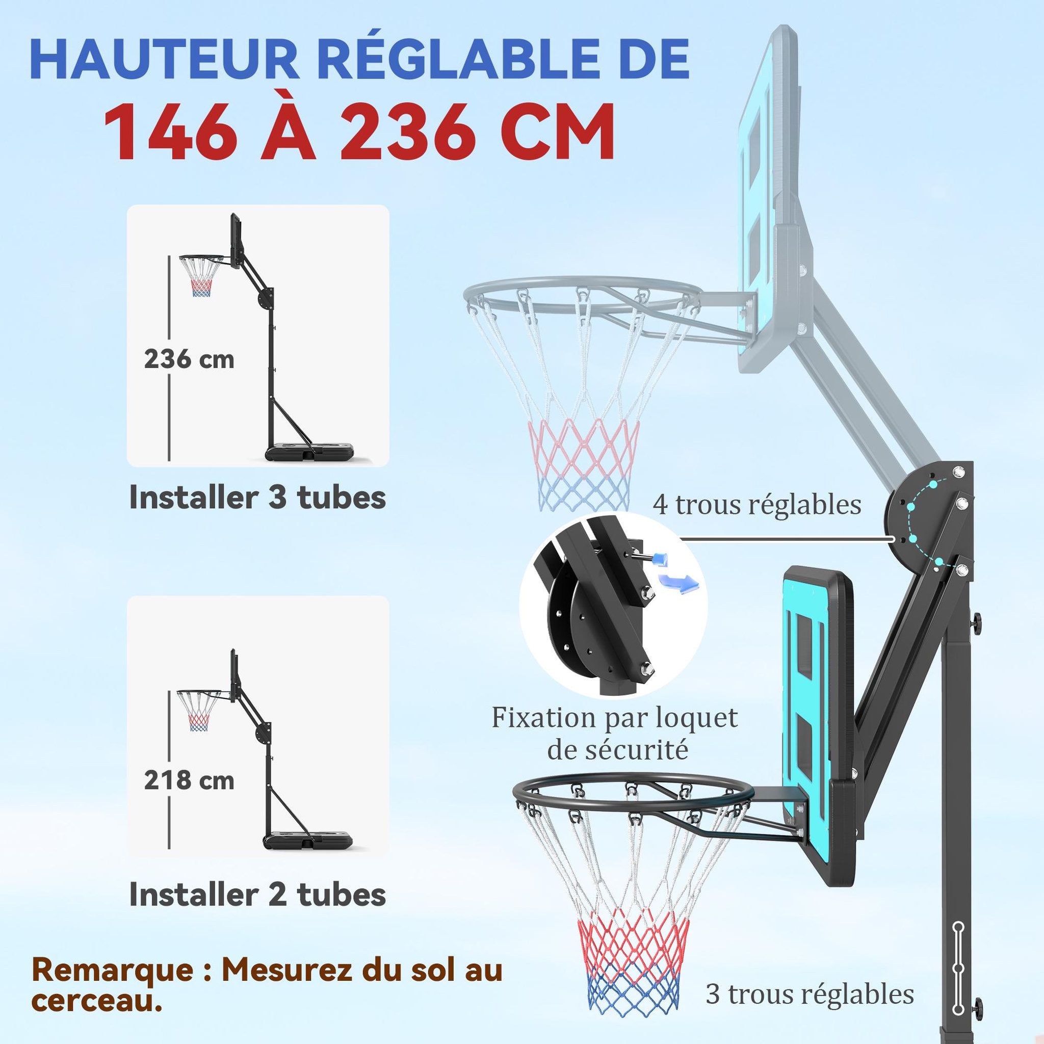 Voir la diapositive 4 : HOMCOM Panier de basketball sur pied hauteur réglable h.146-236 cm lestage roulettes bleu noir