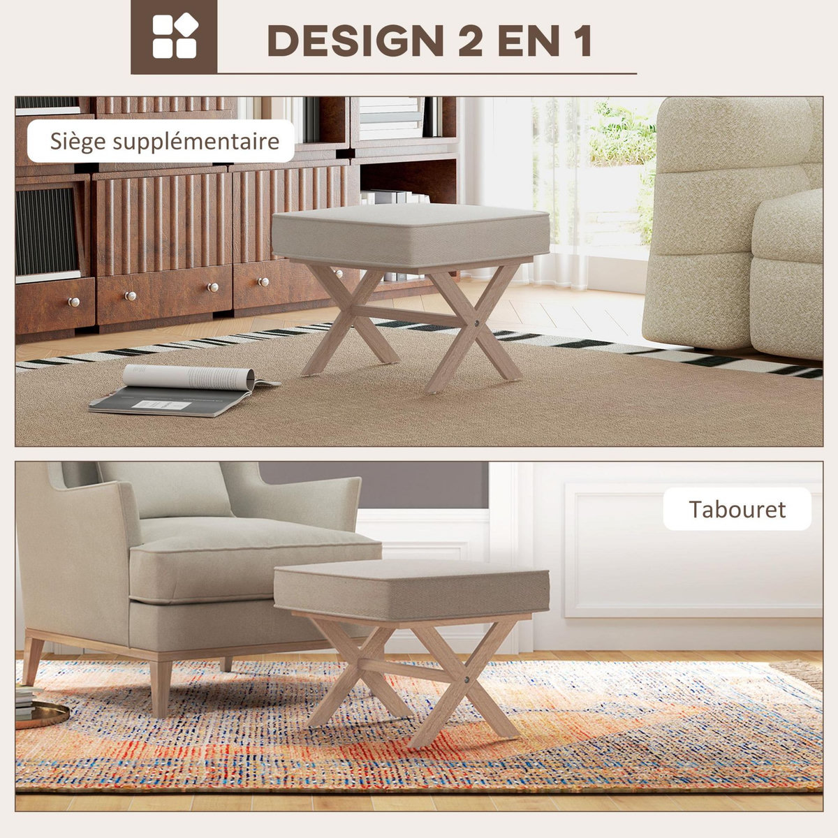 HOMCOM Pouf repose-pied style nordique piètement croisé bois hévéa tissu beige