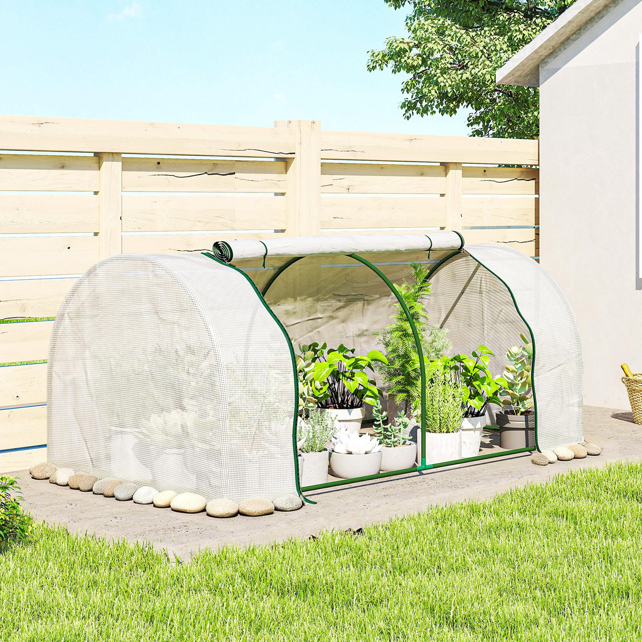 Voir la diapositive 2 : OUTSUNNY Serre tunnel porte zippée enroulable bâche imperméable acier blanc