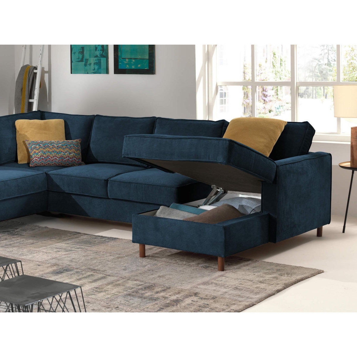 LISA DESIGN Jake - canapé panoramique d'angle gauche - convertible avec coffre - 7 places - en velours côtelé