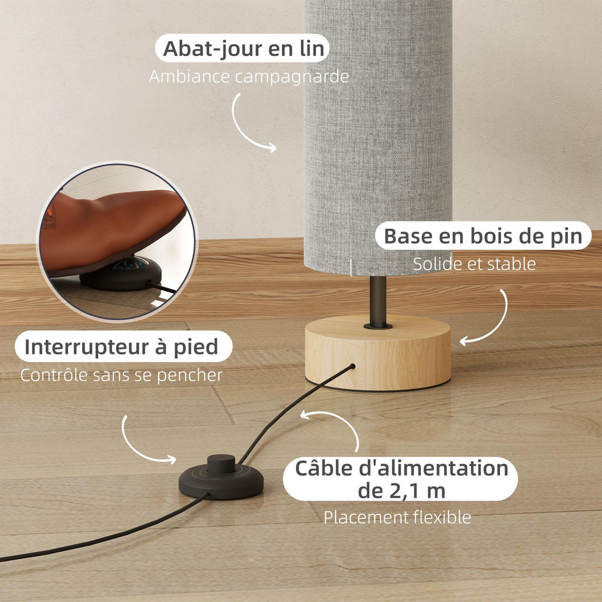 HOMCOM Lampadaire colonne sur pied bois contemporain H.120 cm abat-jour lin gris