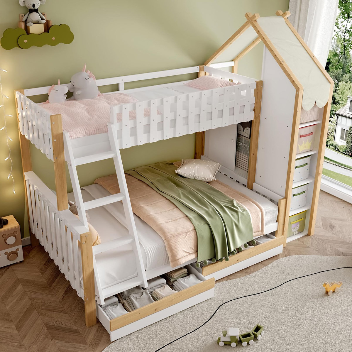 MERAX Lit superposé 140x200(90x200) cm coloris blanc+naturel pin