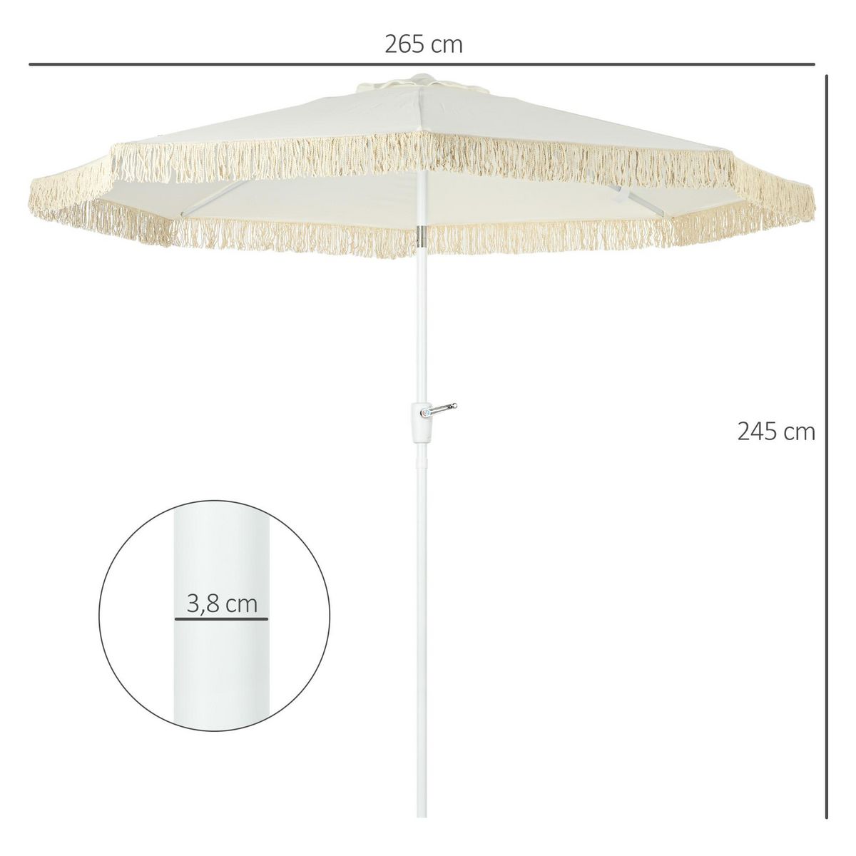 OUTSUNNY Parasol inclinable de jardin style bohème à franges polyester haute densité crème