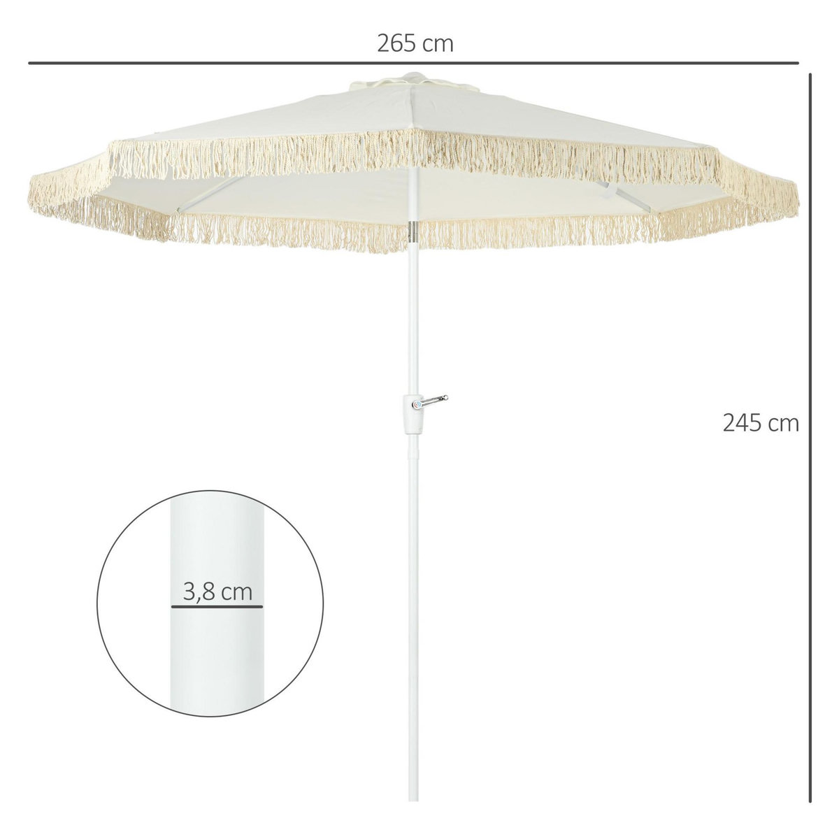 OUTSUNNY Parasol inclinable de jardin style bohème à franges polyester haute densité crème