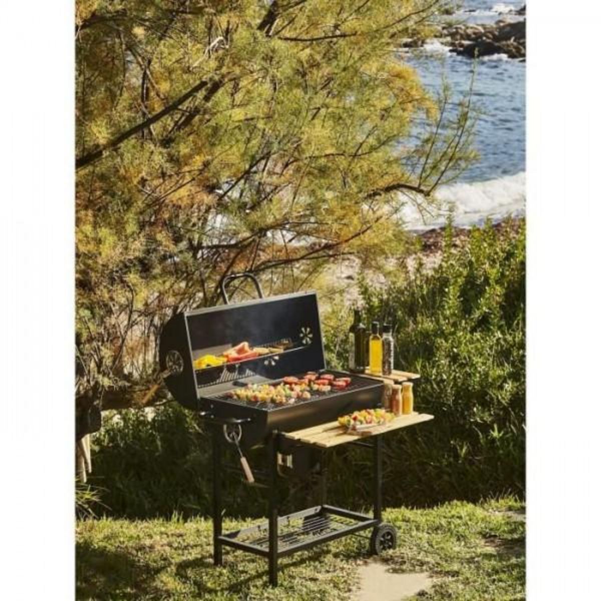 AAAAA Barbecue a charbon MIKE - 2 grilles acier chromé - Surface de cuisson : 71 x 35 cm - Noir