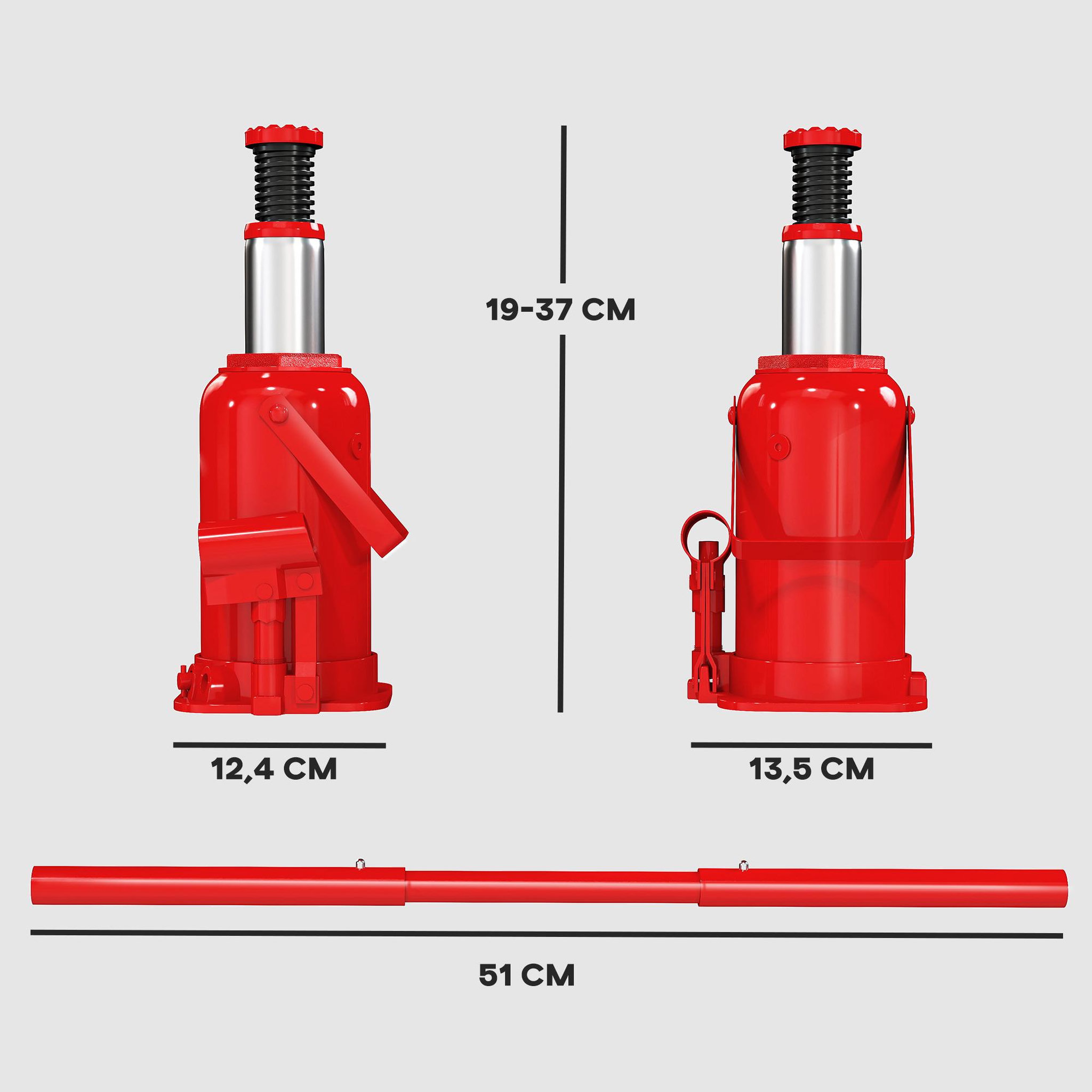 Voir la diapositive 3 : HOMCOM Cric bouteille hydraulique 12T - plage de levage 190-370mm - poignée 3 sections - acier rouge