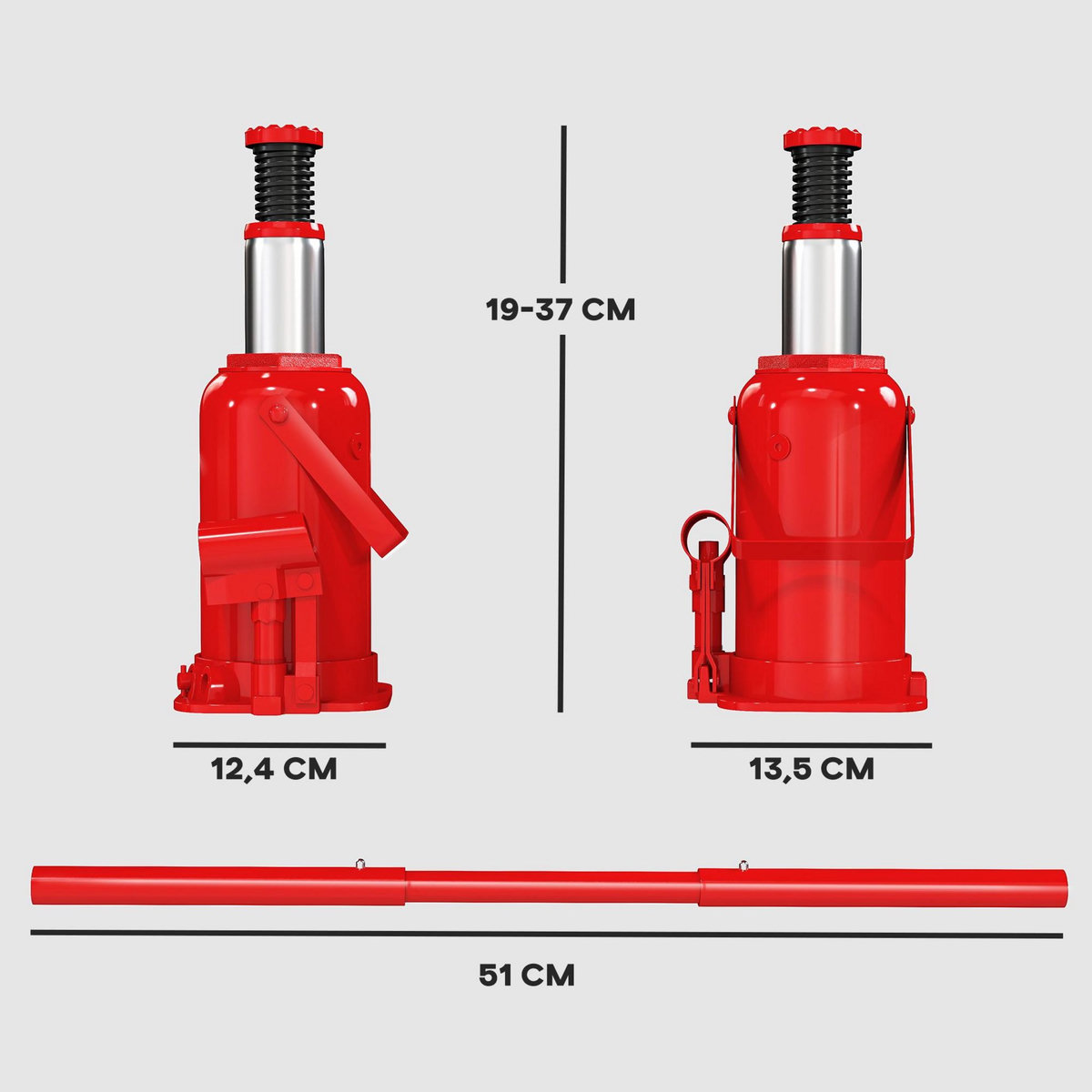 HOMCOM Cric bouteille hydraulique 12T - plage de levage 190-370mm - poignée 3 sections - acier rouge
