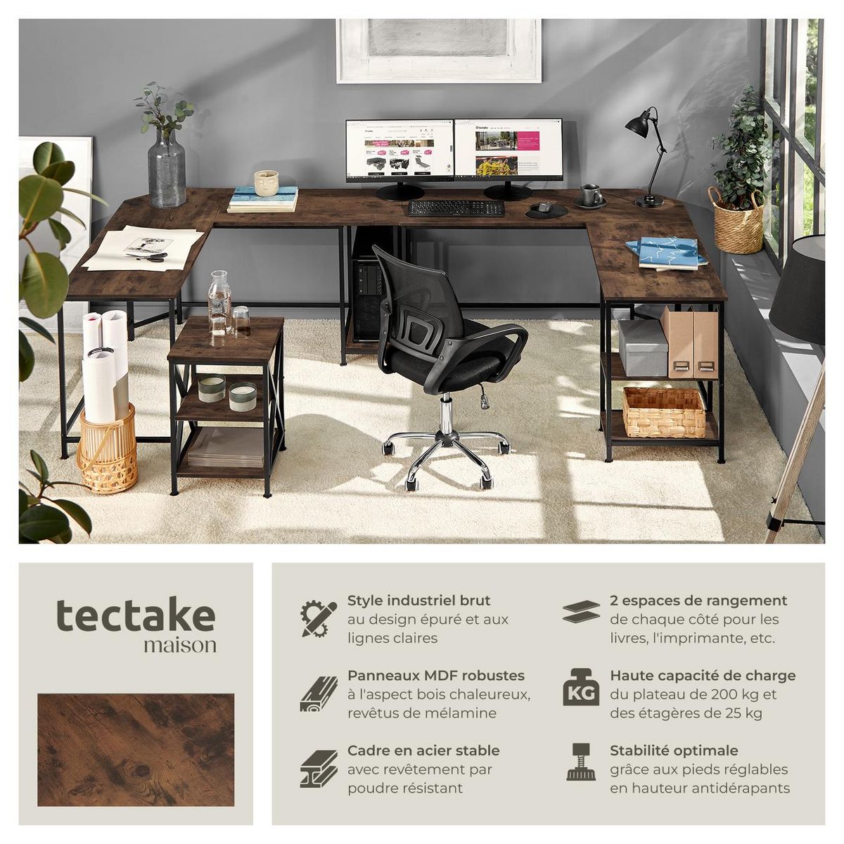 tectake Bureau Style industriel Étagère latérale avec 2 compartiments de stockage
