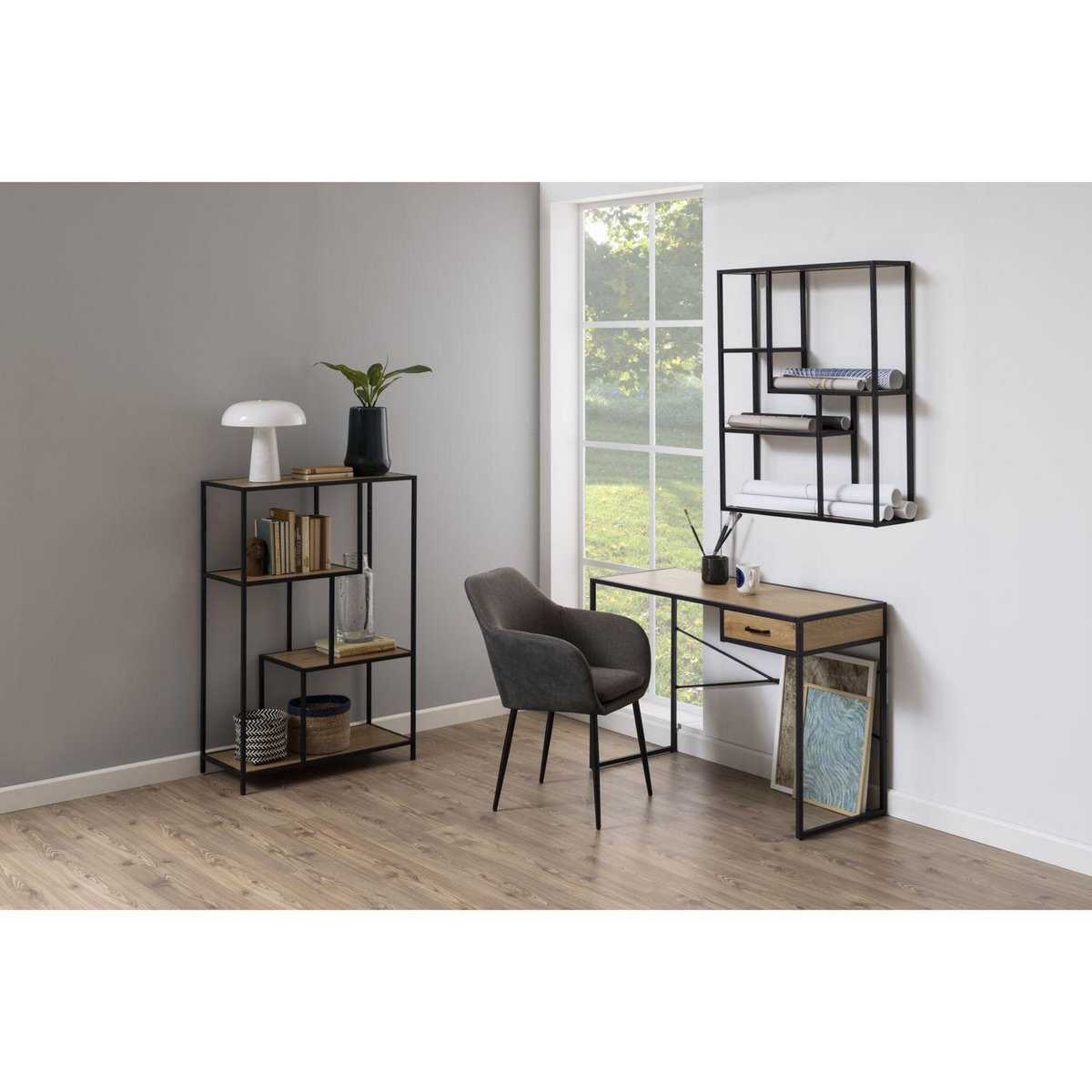 TOILINUX Bureau en MDF et métal 1 tiroir - L 110cm x l. 45cm x H. 75 cm - Beige et Noir