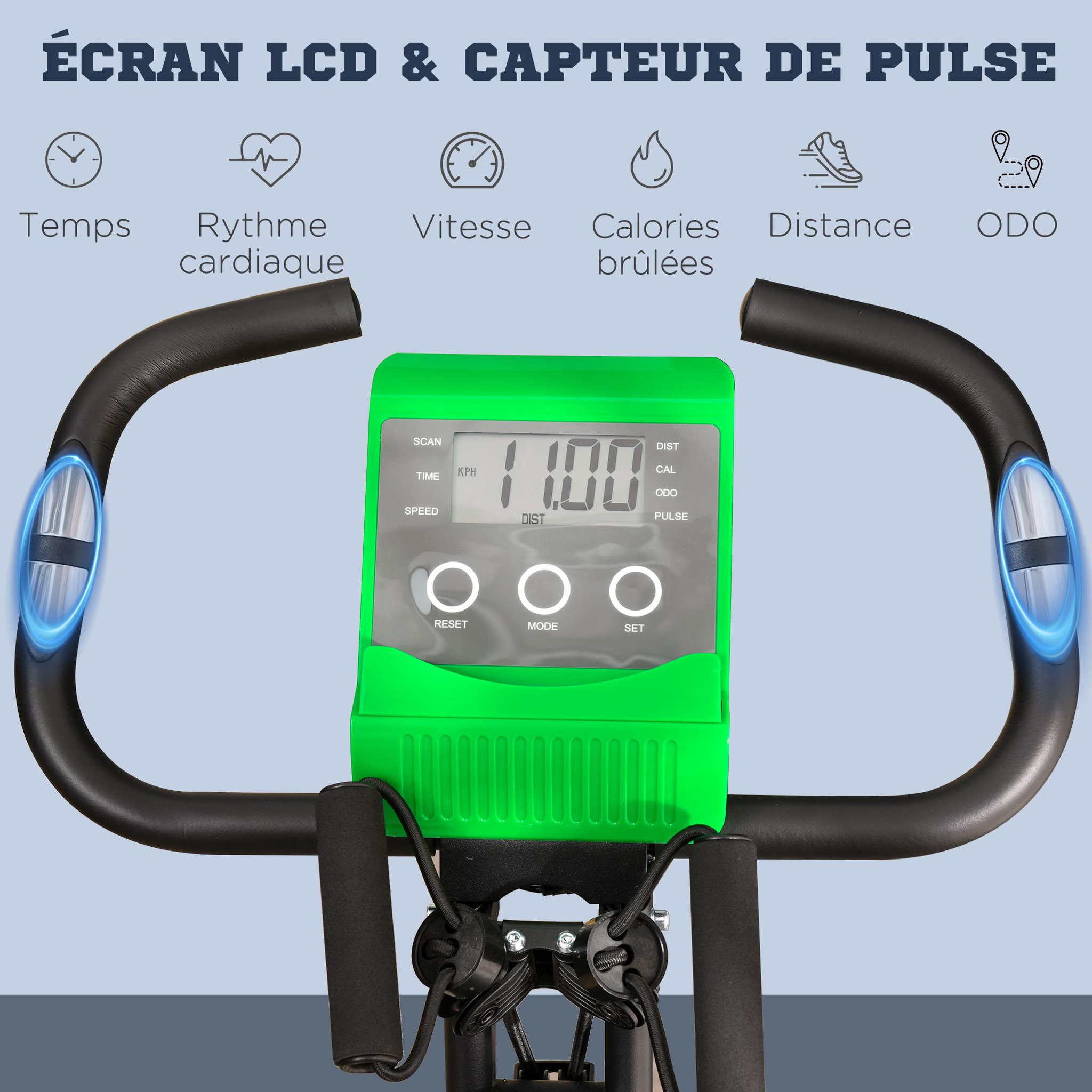 Voir la diapositive 4 : HOMCOM Vélo d'appartement pliant 8 niveaux de résistance magnétique dossier selle réglable poignées ergonomiques écran LCD multifonction suspensions support tablette acier