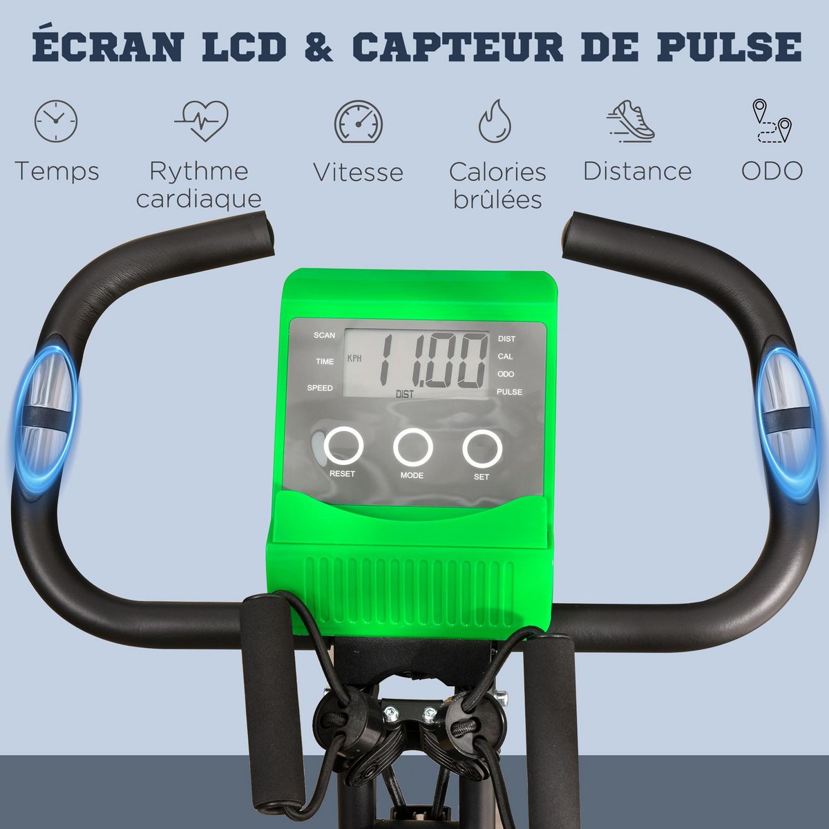 HOMCOM Vélo d'appartement pliant 8 niveaux de résistance magnétique dossier selle réglable poignées ergonomiques écran LCD multifonction suspensions support tablette acier