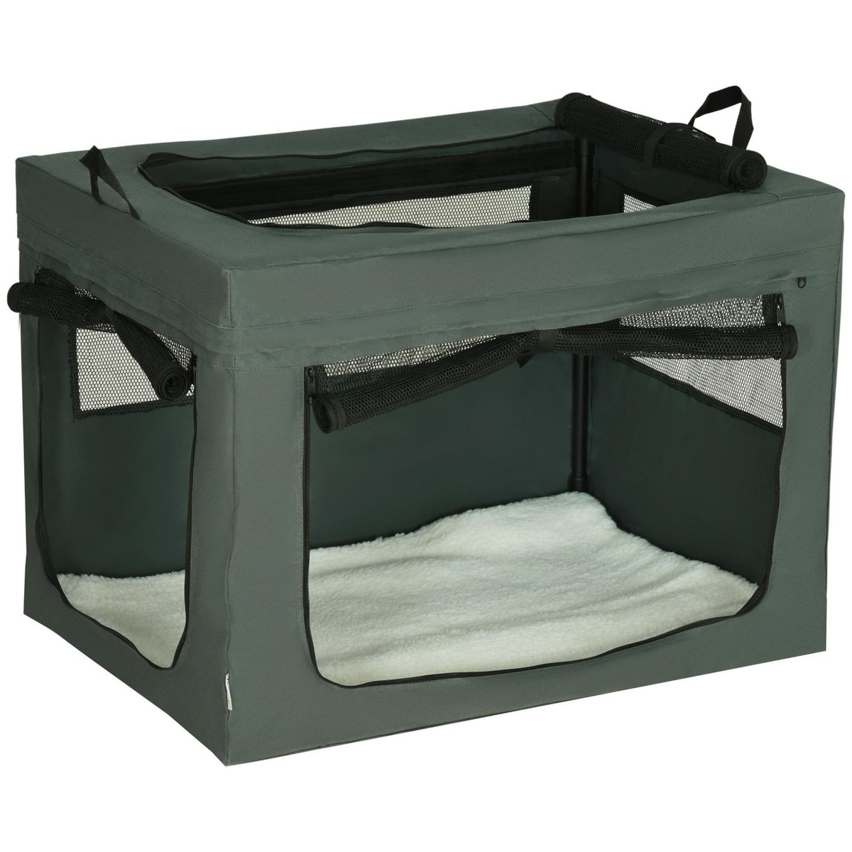 PAWHUT Sac de transport pliable pour chien chat - 2 poignées, 3 portes - dim. 79L x 57l x 57H cm - acier polyester gris