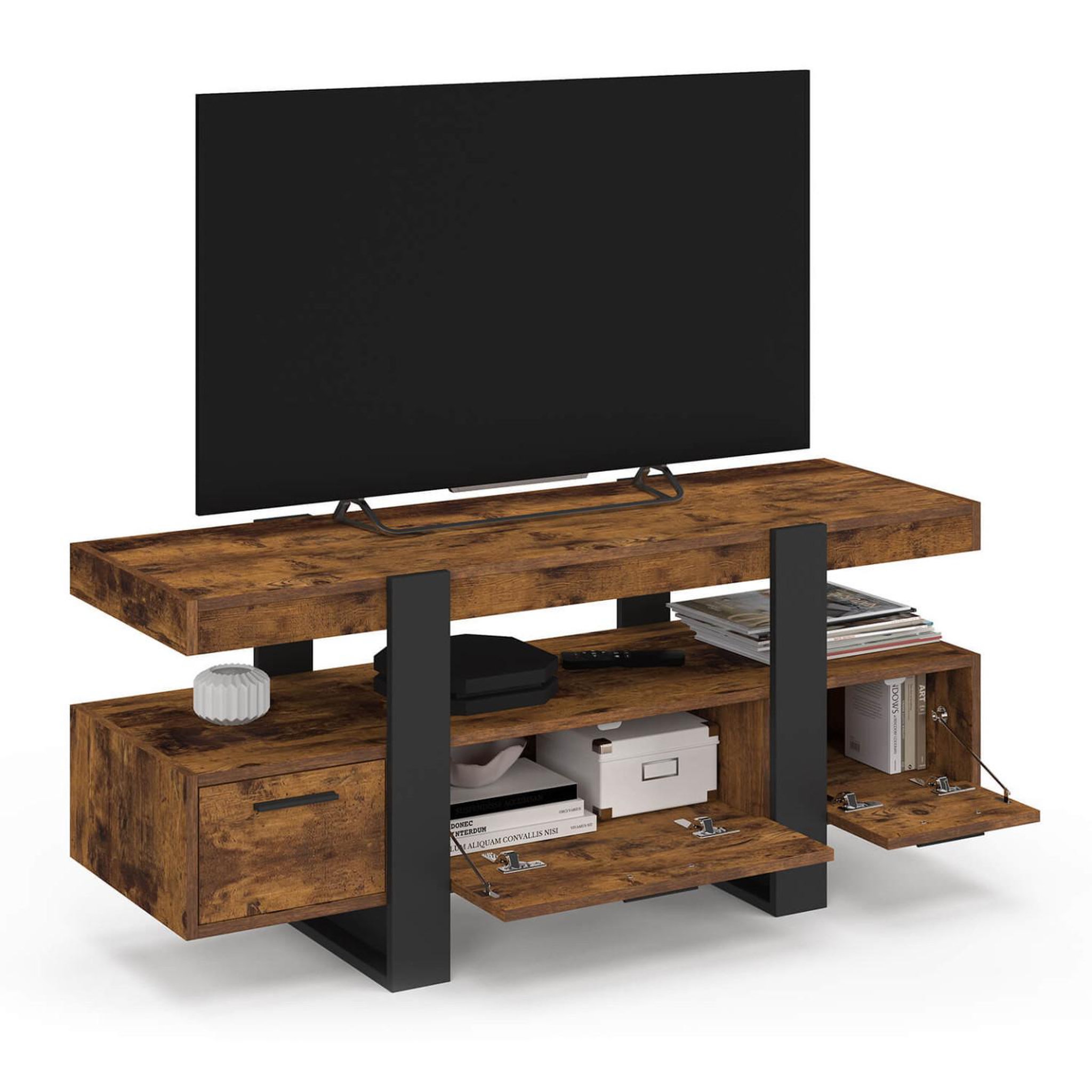Voir la diapositive 4 : ID MARKET Meuble tv 116 cm phoenix avec tiroirs bois effet vieilli et noir
