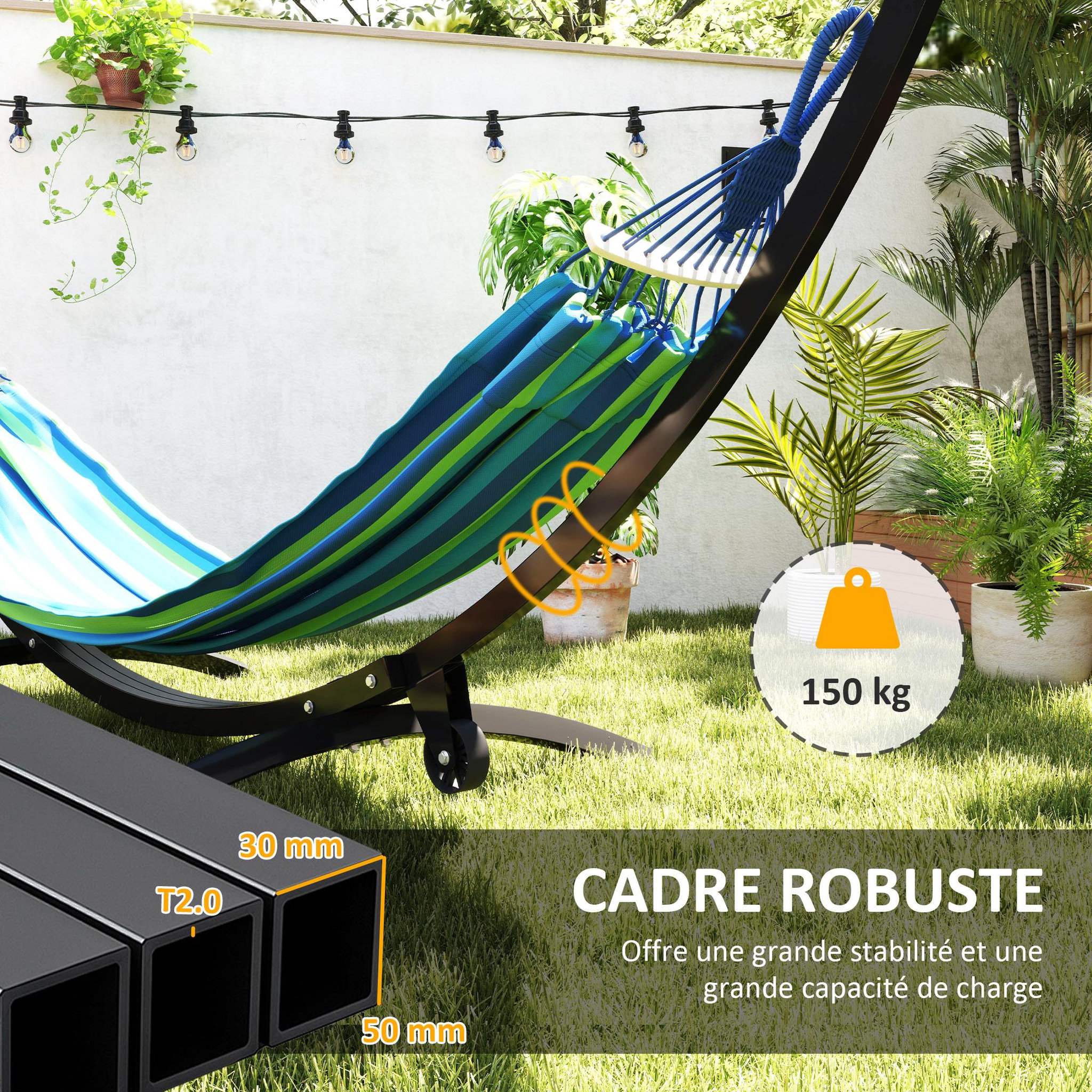 Voir la diapositive 6 : OUTSUNNY Support de hamac en métal avec roue de déplacement max. 150 Kg - chaînes, mousquetons - métal noir