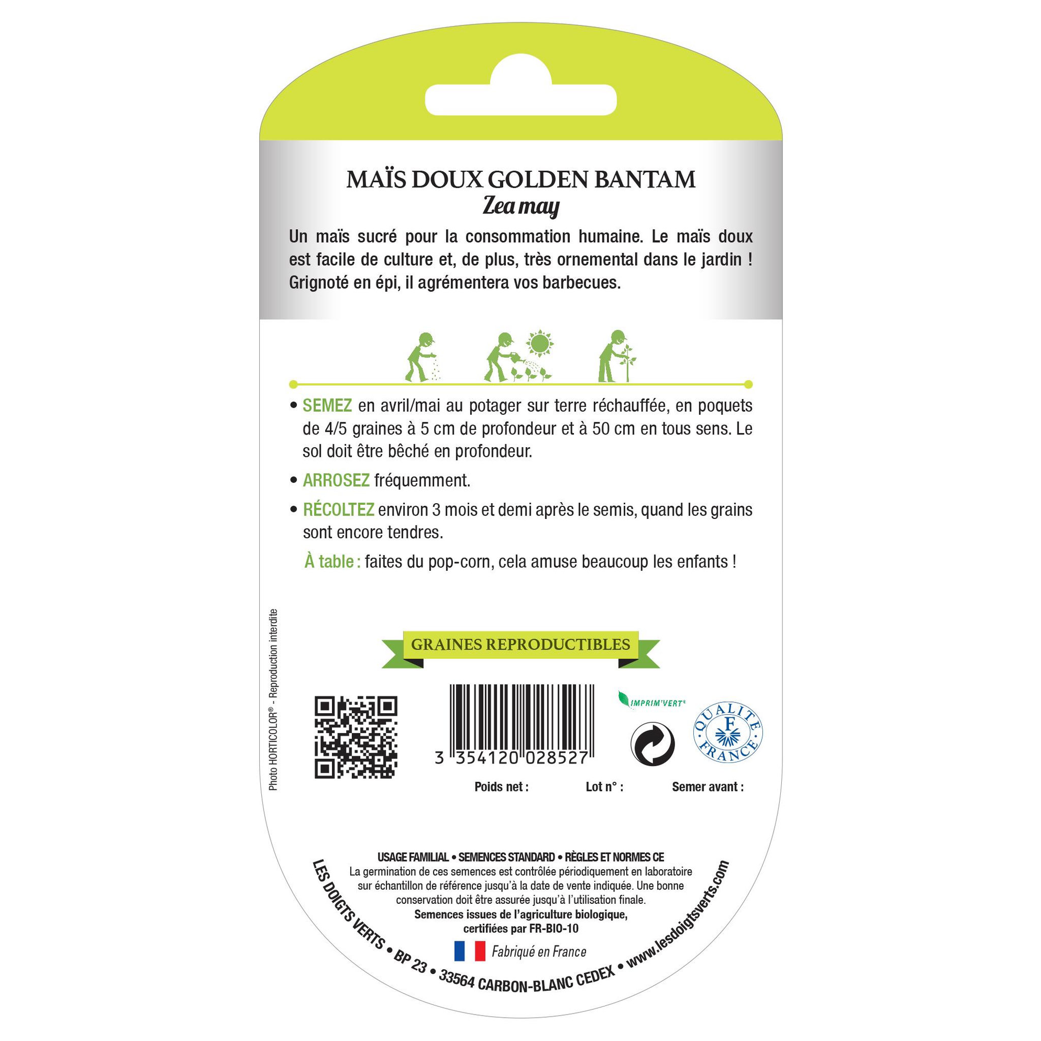 Voir la diapositive 2 : LES DOIGTS VERTS Graines maïs doux Golden Bantam BIO Les Doigts Verts