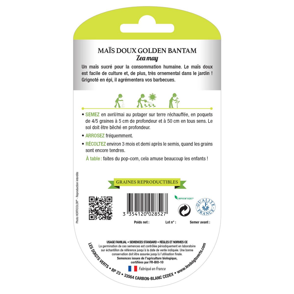 LES DOIGTS VERTS Graines maïs doux Golden Bantam BIO Les Doigts Verts