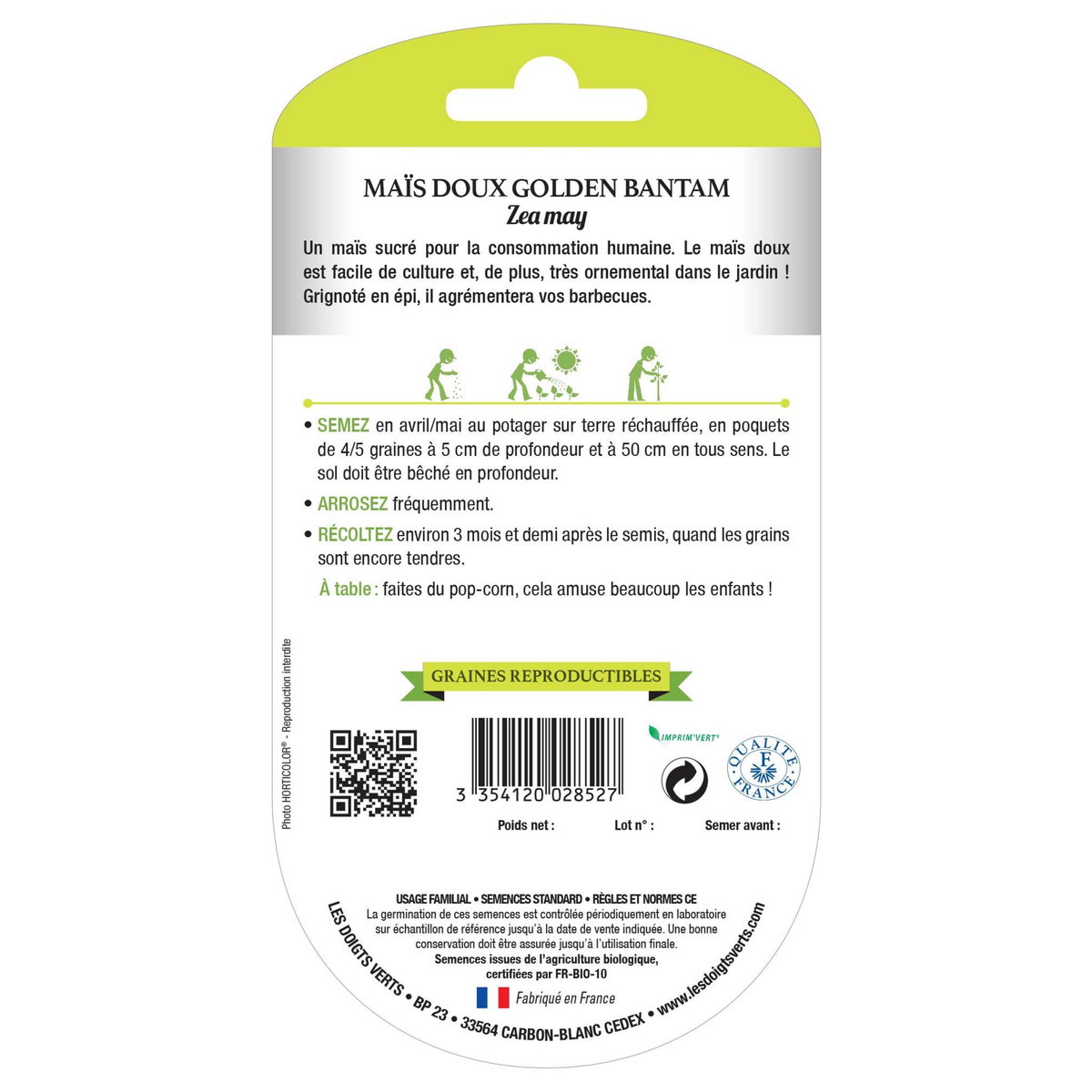 LES DOIGTS VERTS Graines maïs doux Golden Bantam BIO Les Doigts Verts