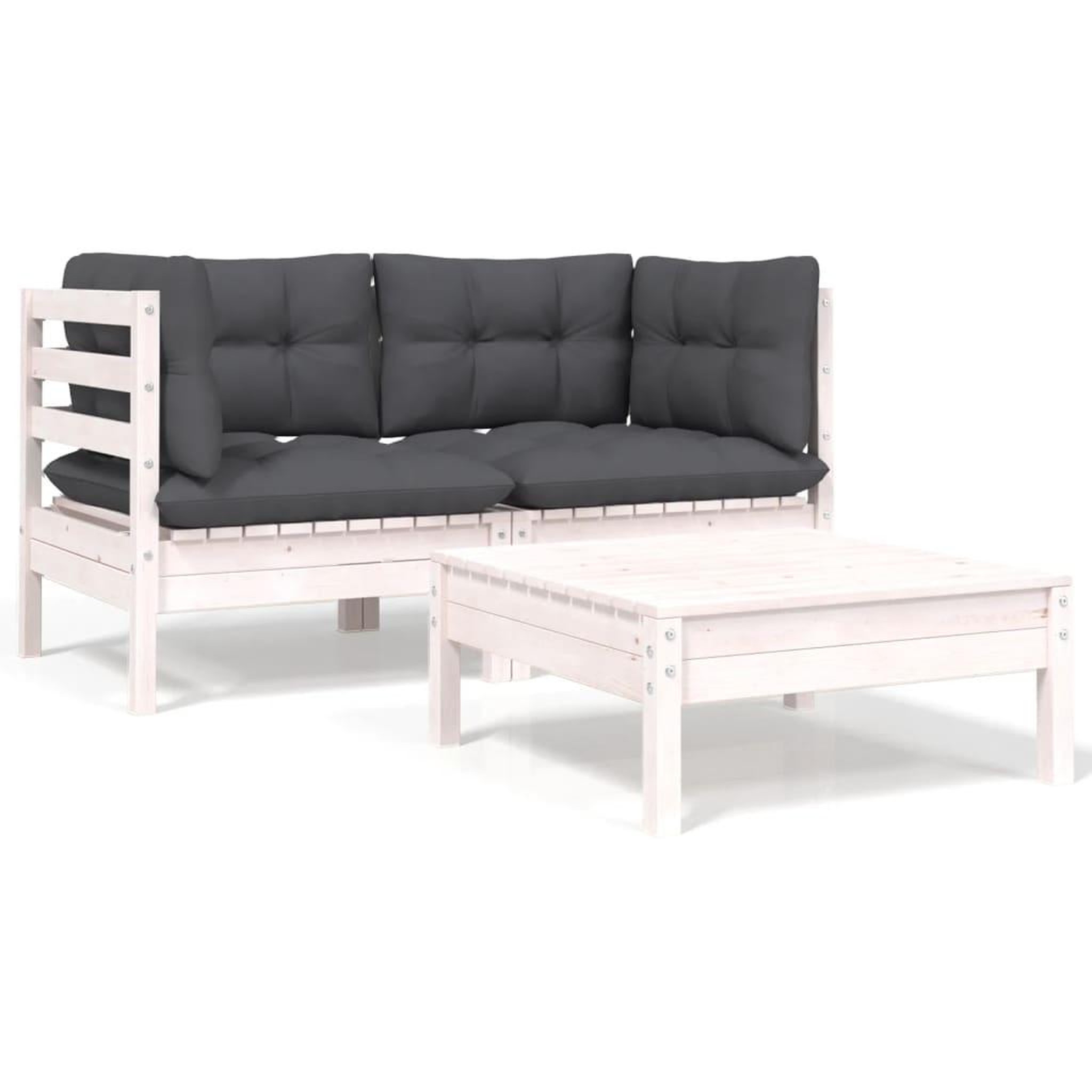VIDAXL Salon de jardin 3 pcs avec coussins Blanc Bois de pin massif