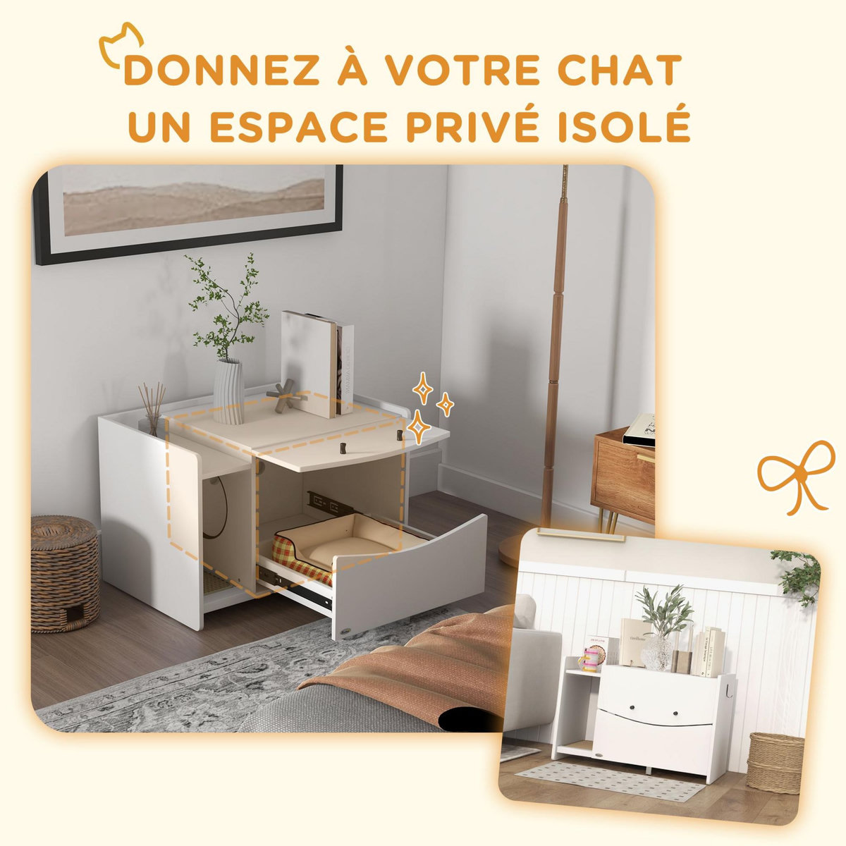 PAWHUT Maison de toilette pour chat - meuble cache litière - compartiment coulissant, aérations, tapis de fuite - blanc
