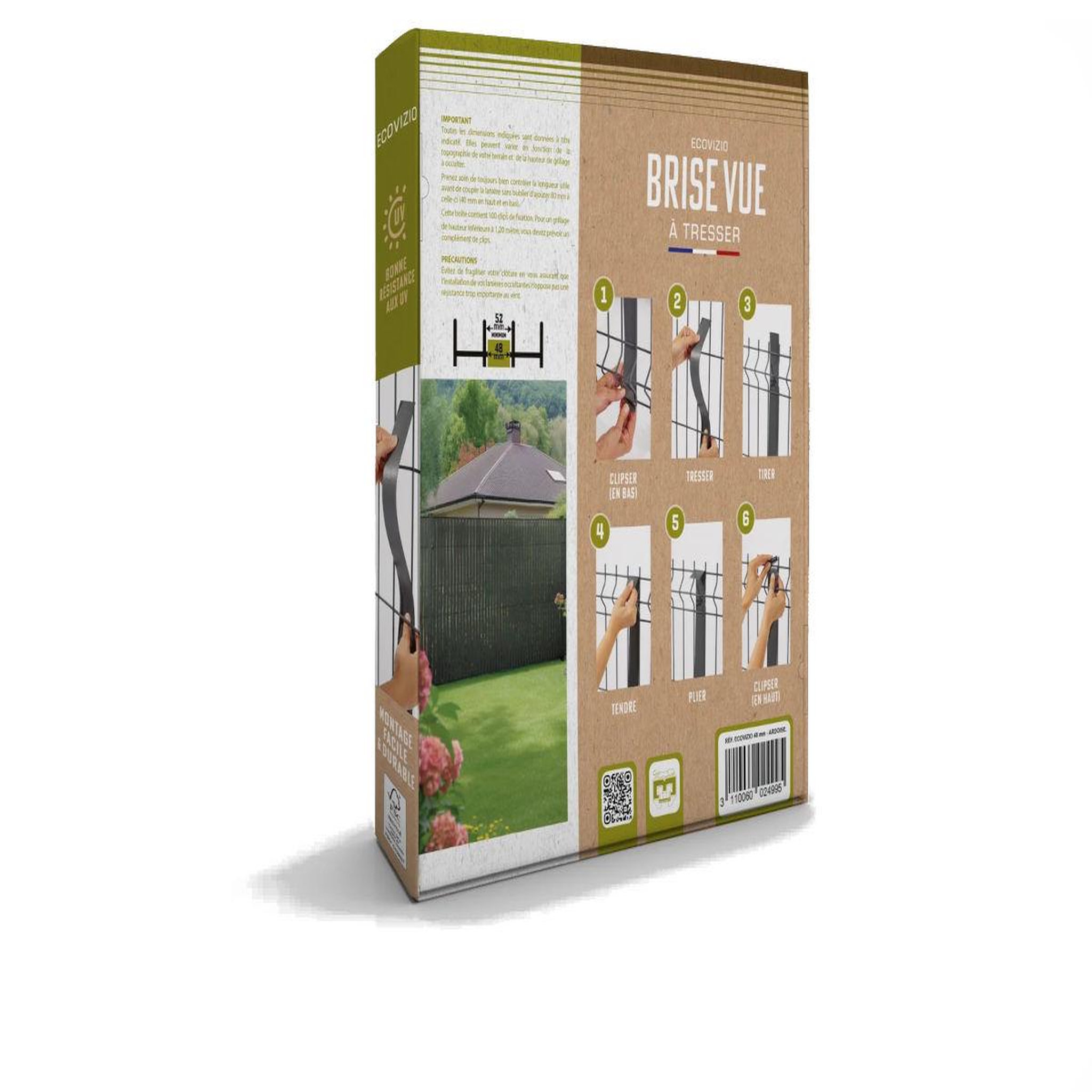 Voir la diapositive 3 : Jardiline Lanière occultante ecovizio à tresser 48 mm ardoise - 100% recyclée pour panneau grillagé soudé + 100 clips - jardiline