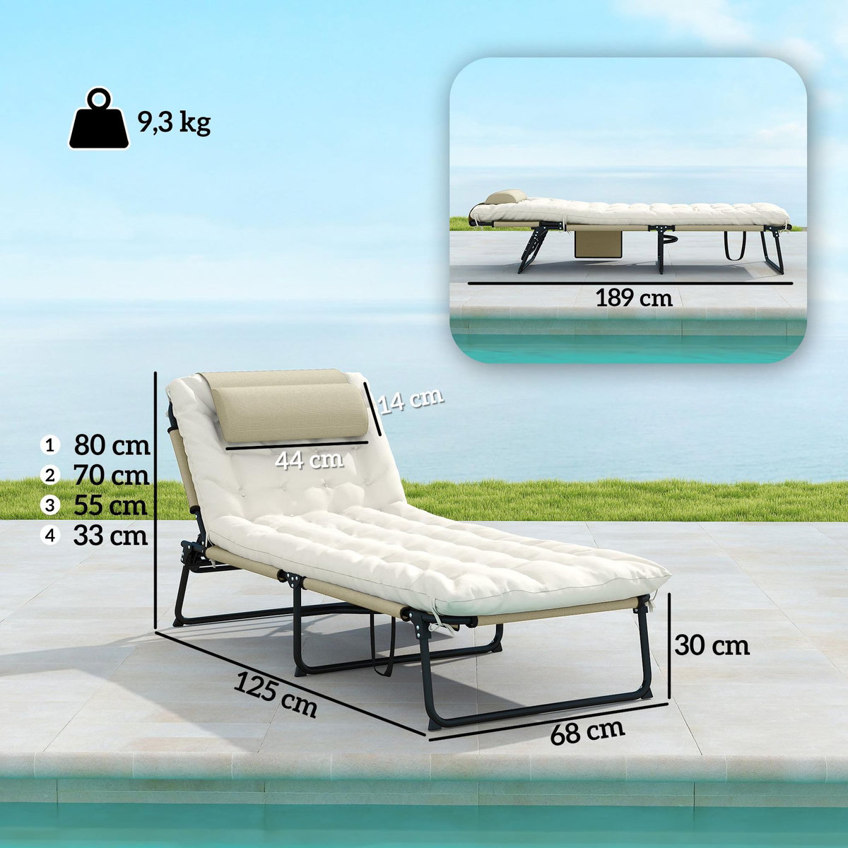 OUTSUNNY Bain de soleil pliable - dossier inclinable 4 positions - tétière, matelas épais - beige