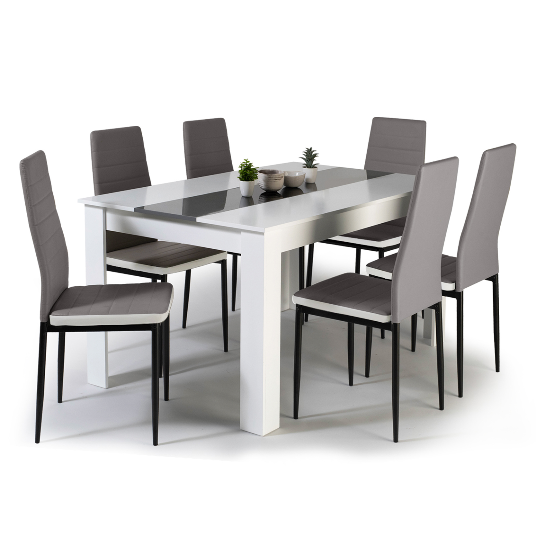 ID MARKET Ensemble table à manger georgia 140 cm blanche et grise et 6 chaises romane grises liseré blanc