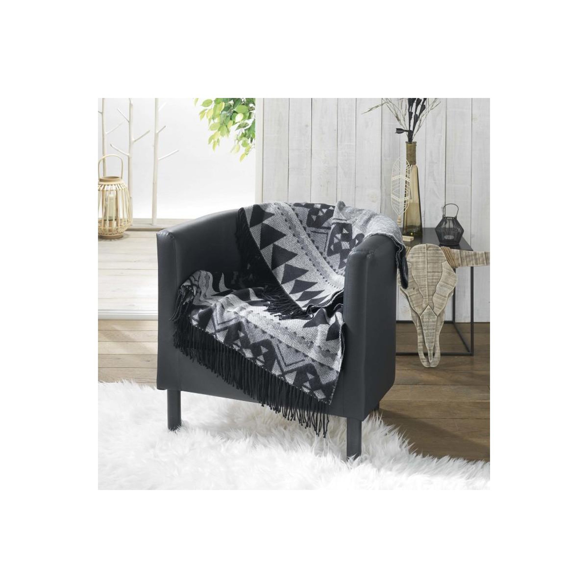 Voir la diapositive 1 : Douceur d'Intérieur Plaid à franges jacquard  rodeo  120x150cm noir